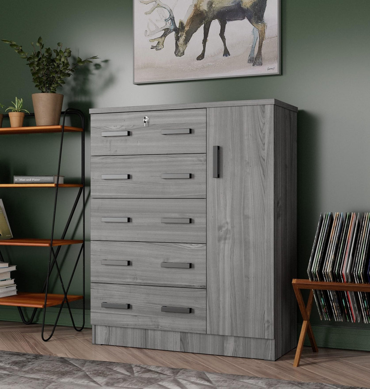 Better Home Products Jcf Sofie 5 Drawer Wooden Tall Chest Wardrobe (Grey)