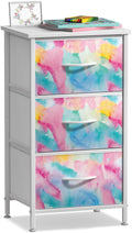 Sorbus Kids Dresser with 3 Drawers - Storage Chest Organizer Nightstand - Steel Frame, Wood Top, Tie-Dye Fabric Bins for Clothes