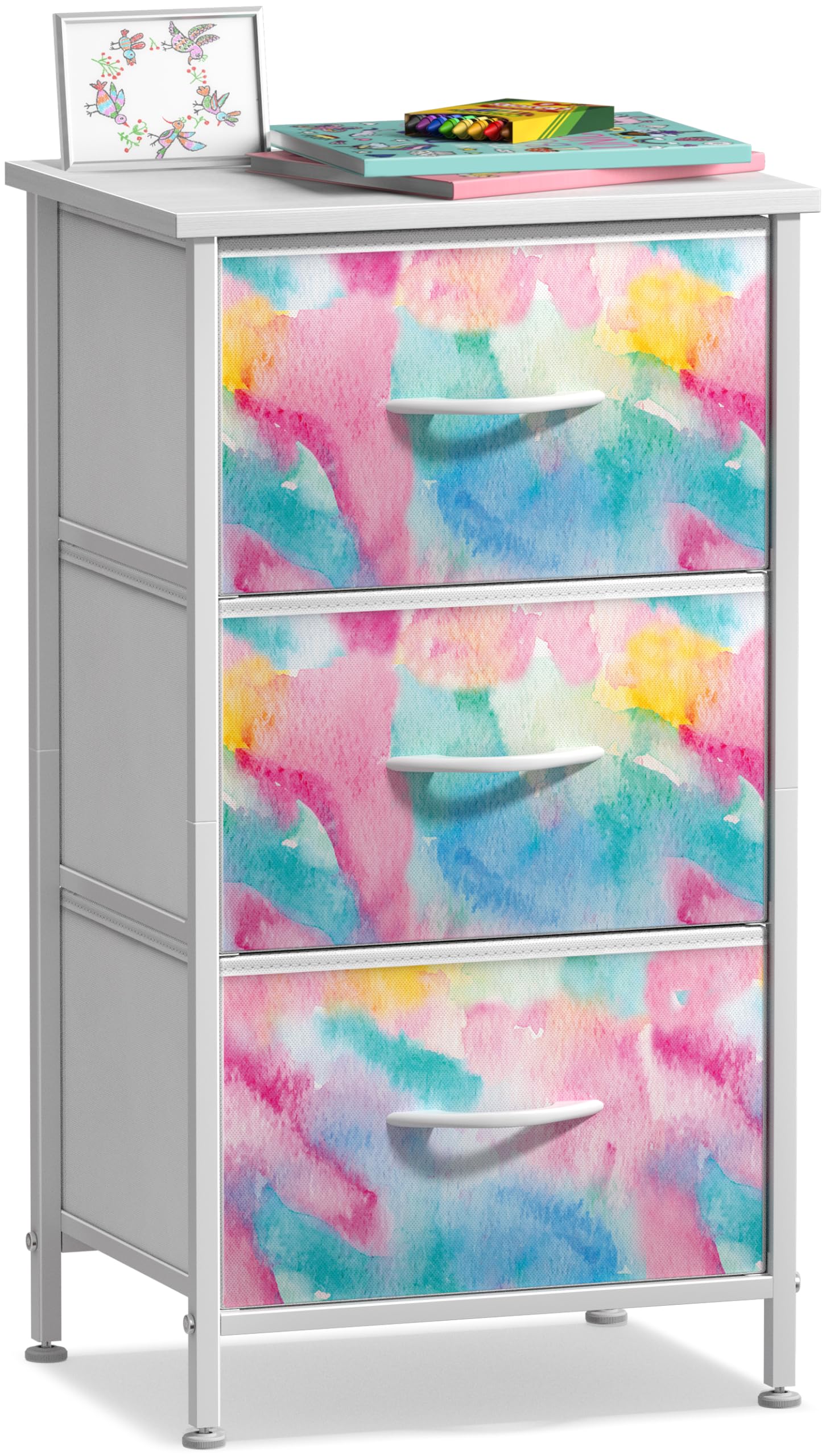 Sorbus Kids Dresser with 3 Drawers - Storage Chest Organizer Nightstand - Steel Frame, Wood Top, Tie-Dye Fabric Bins for Clothes