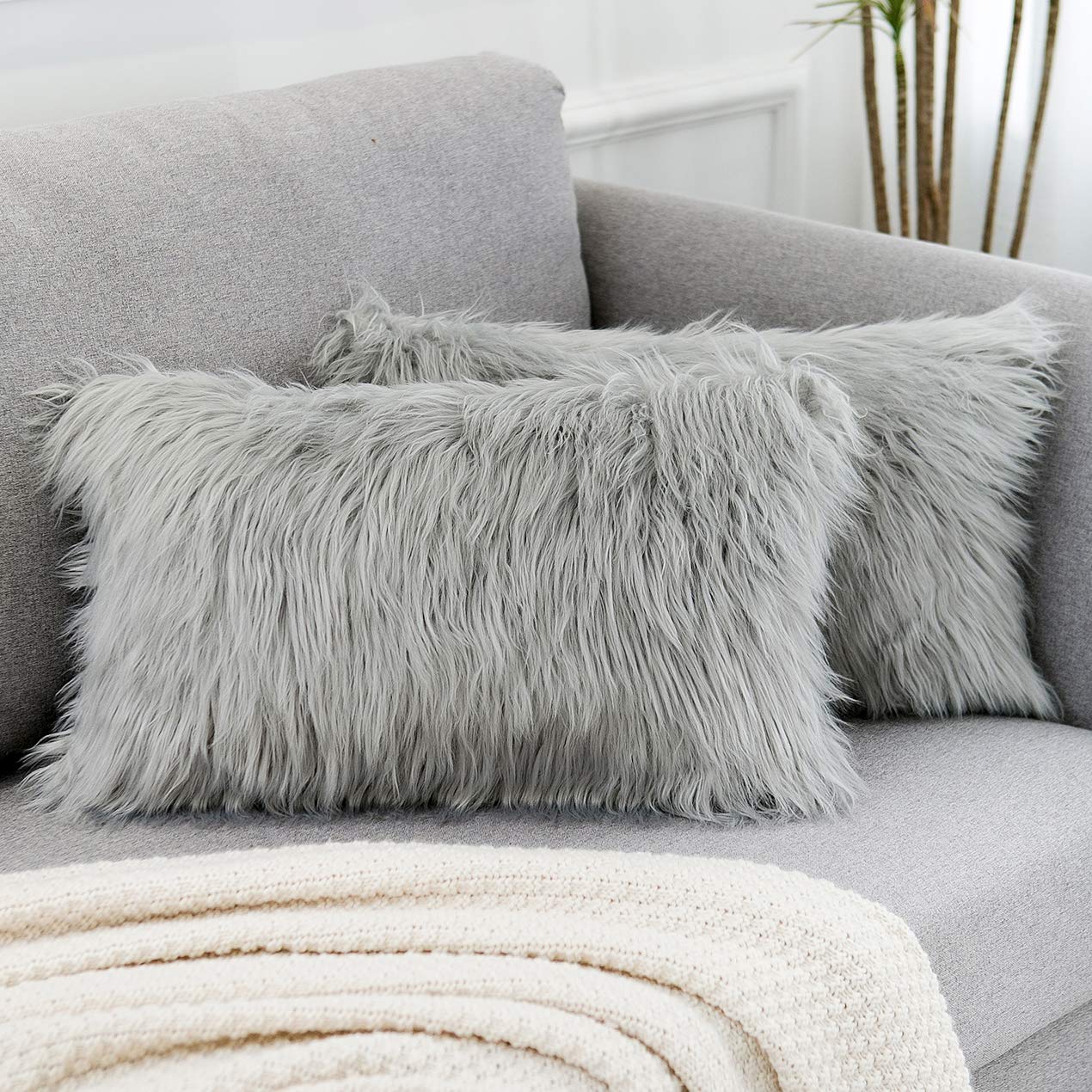 Wlnui Set Of 2 Lumbar Light Grey Decorative Pillow Covers New Luxury Series Merino Style Faux Fur Fluffy Throw Pillow Covers Fuz
