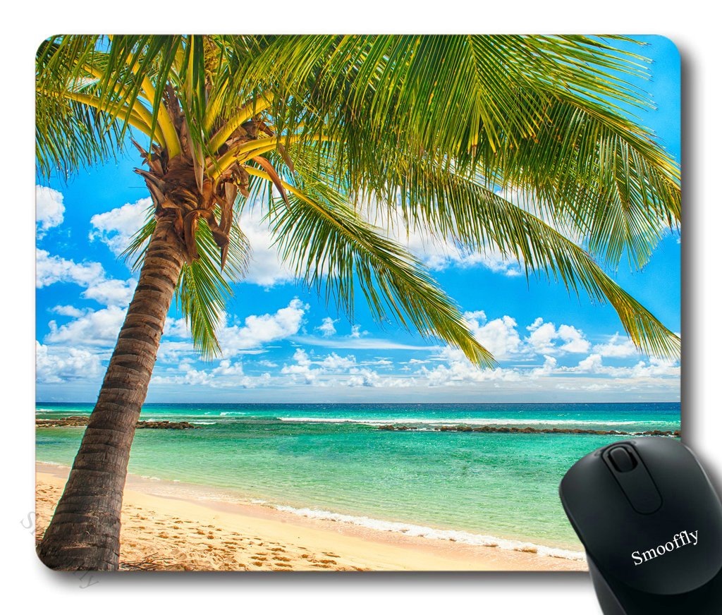 Smooffly Ocean Tapestry, Exotic Beach Water And Palm Tree By The Shore With Clear Sky Landscape Image Gaming Mouse Pad,9.5 X 7.9