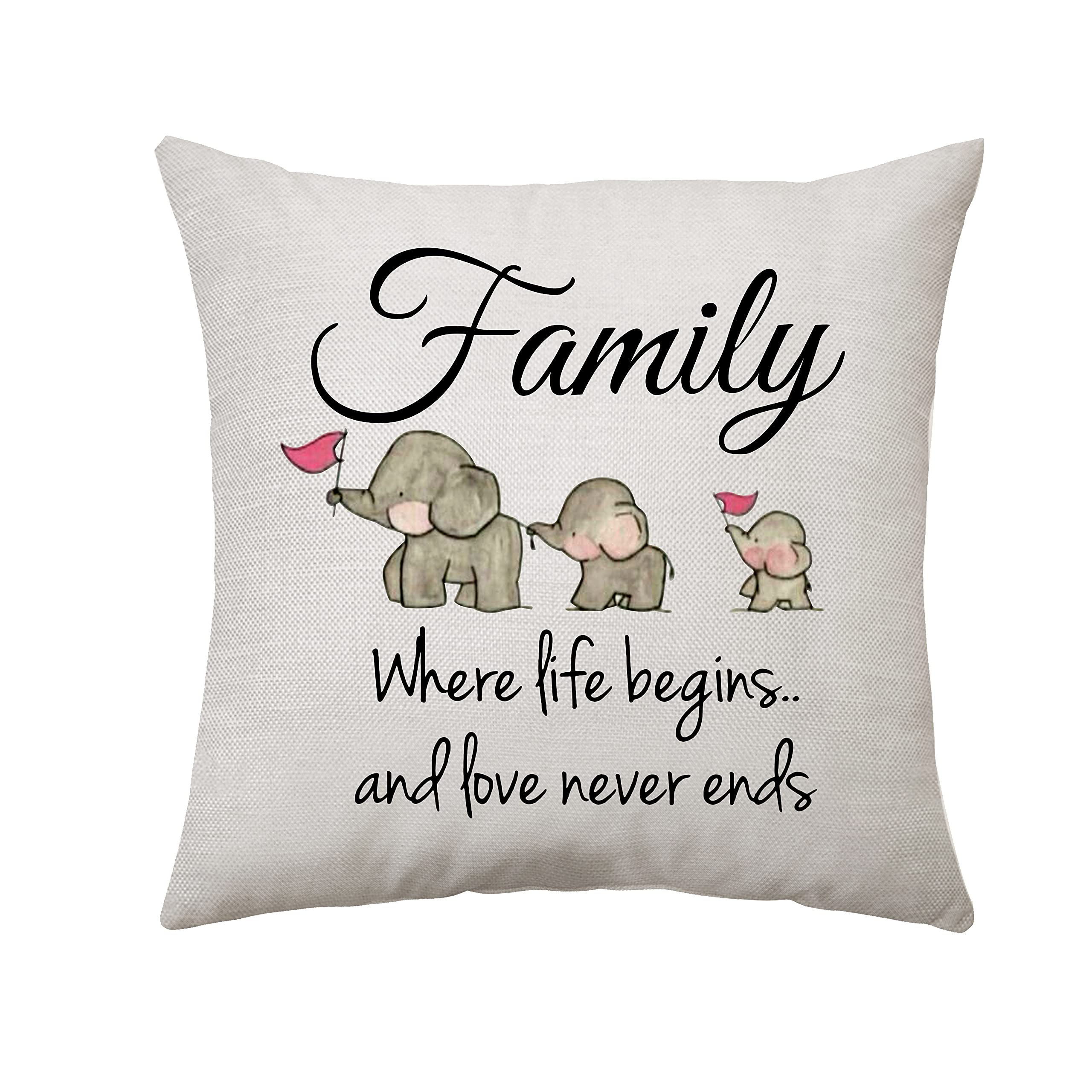Family Inspirational Quotes Throw Pillow Cover Cute Mama Elephant Children Elephant Pillow Cover - Where Life Begins, And Love N