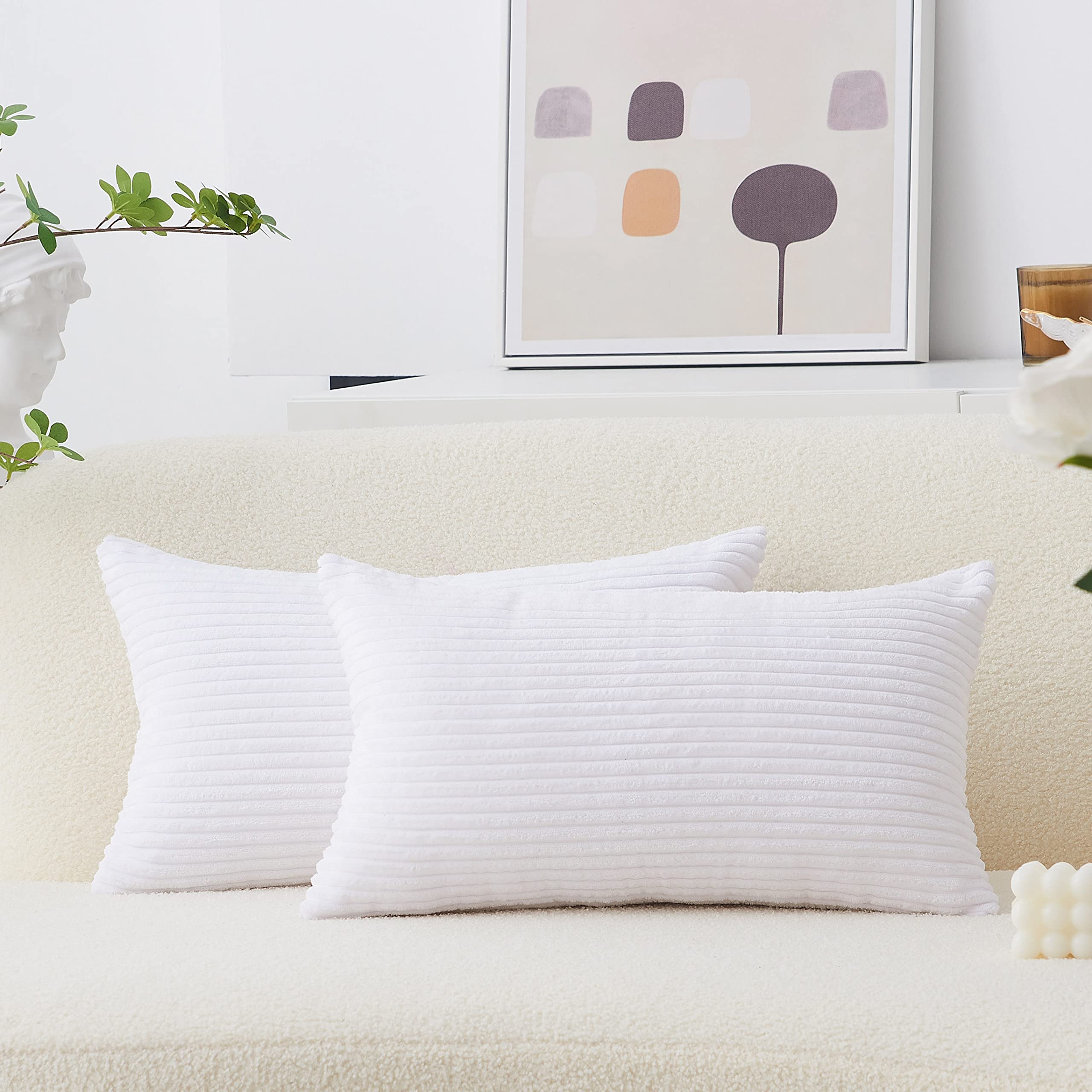 Home Brilliant Oblong Throw Pillow Striped Corduroy Rectangle Pillow Covers For Couch Lumbar Cushion Covers, 12 X 20 Inch, Pure