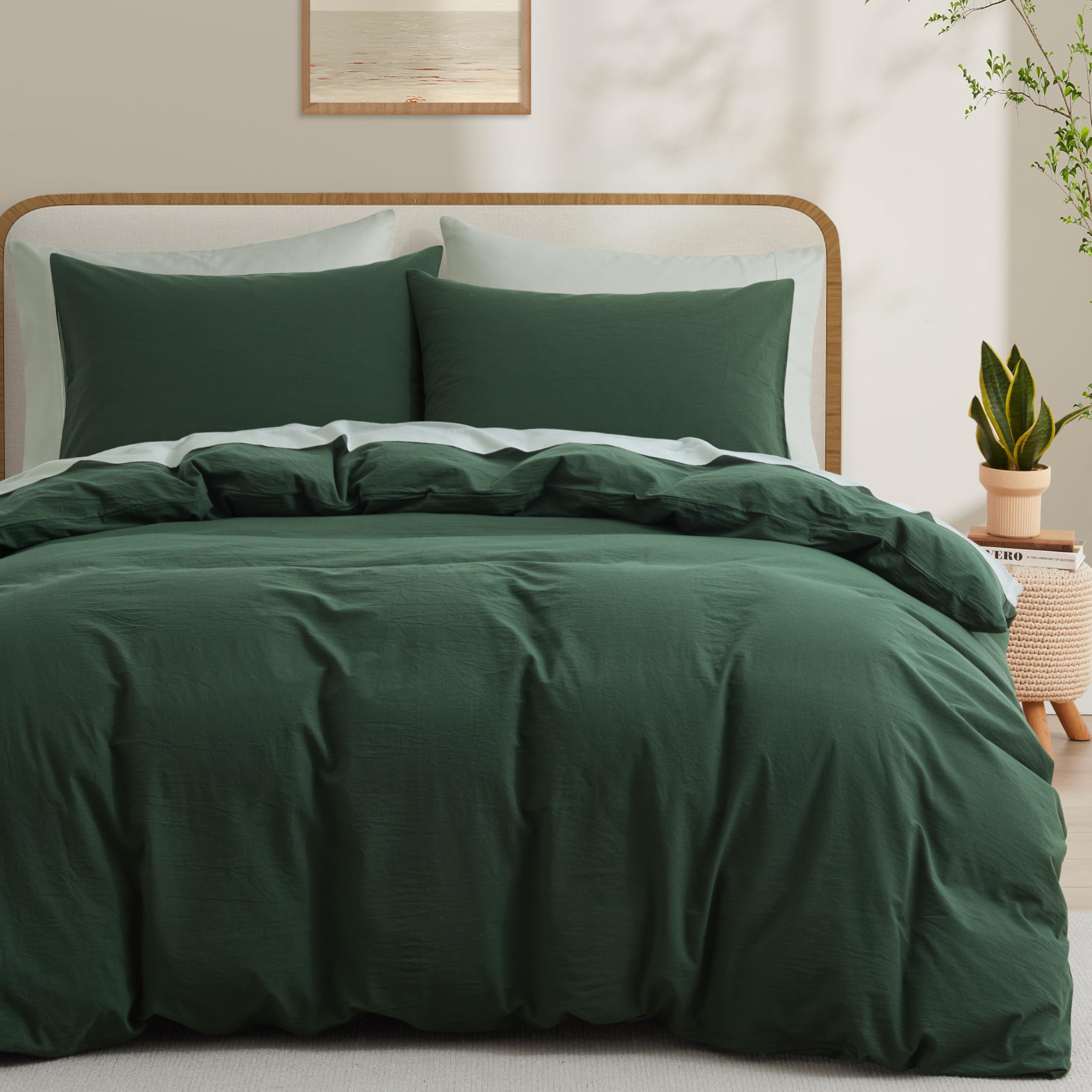 Lovque Forest Green Duvet Cover Full Size, 100% Washed Cotton Linen Like Bedding Set With Zipper Closure (No Comforter), 80X90 I