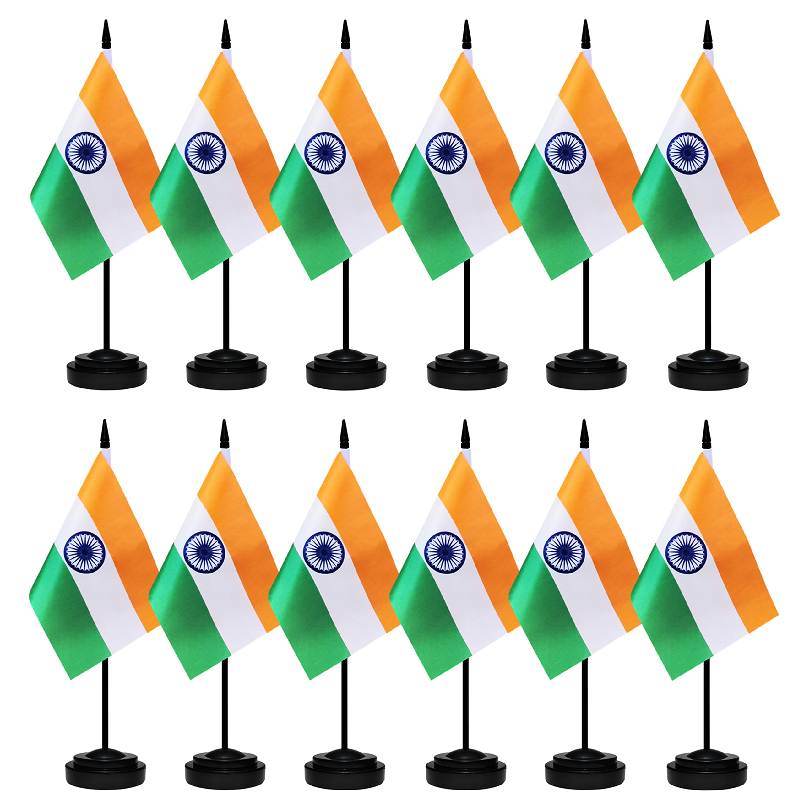 12 Pack India Desk Flags Set, Indian Small Mini Table Office Flags With 12' Solid Black Pole, 8.2 X 5.5 Inches, Home And Office