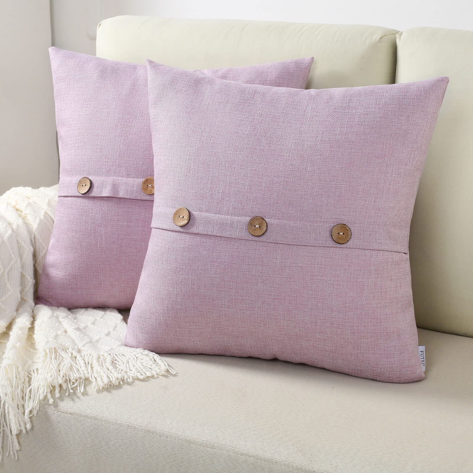 Futei Pink Linen Decorative Throw Pillow Covers 12X12 Inch Set Of 2, Square Cushion Case With Vintage Button/Zipper,Modern Farmh