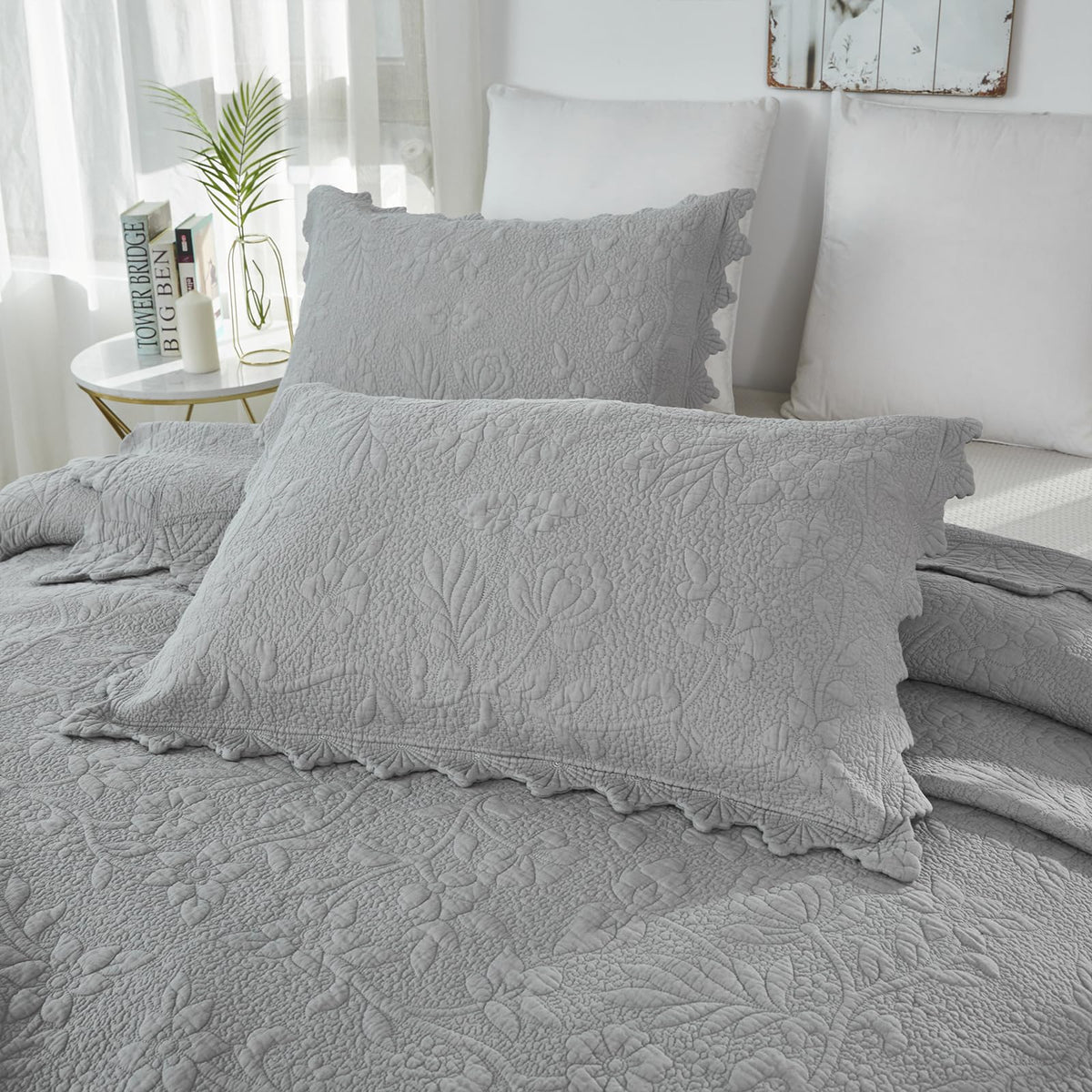Brandream Quilted Pillow Shams Set Of 2 Standard Size Cotton Grey Farmhouse Bedding Shabby Luxury Vintage Pillow Covers For Quee