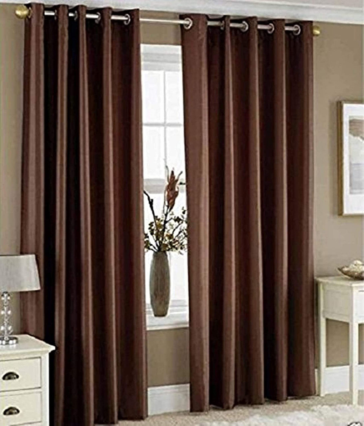 HOME UTSAV Plain Eyelet Polyester Curtains for Long Door 10 Feet, Pack of 2, Brown