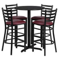 Flash Furniture 30'' Round Black Laminate Table Set with X-Base and 4 Ladder Back Metal Barstools - Burgundy Vinyl Seat