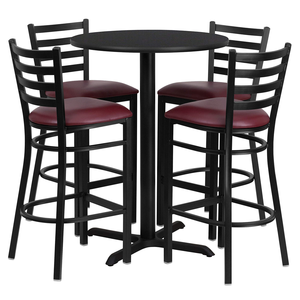 Flash Furniture 30'' Round Black Laminate Table Set with X-Base and 4 Ladder Back Metal Barstools - Burgundy Vinyl Seat