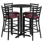 Flash Furniture 30'' Round Black Laminate Table Set with X-Base and 4 Ladder Back Metal Barstools - Burgundy Vinyl Seat
