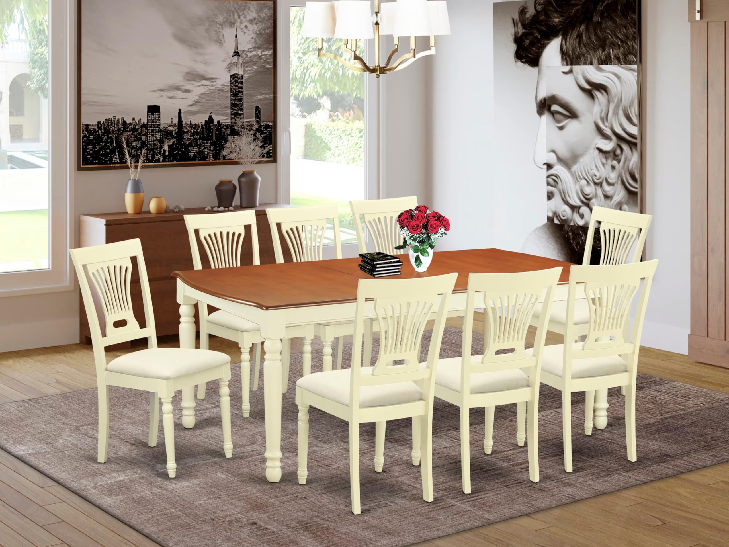 East West Furniture DOPL9-WHI-C 9 Piece Dining Table Set Includes a Rectangle Dining Room Table with Butterfly Leaf and 8 Linen Fabric Upholstered Chairs, 42x78 Inch, Buttermilk & Cherry