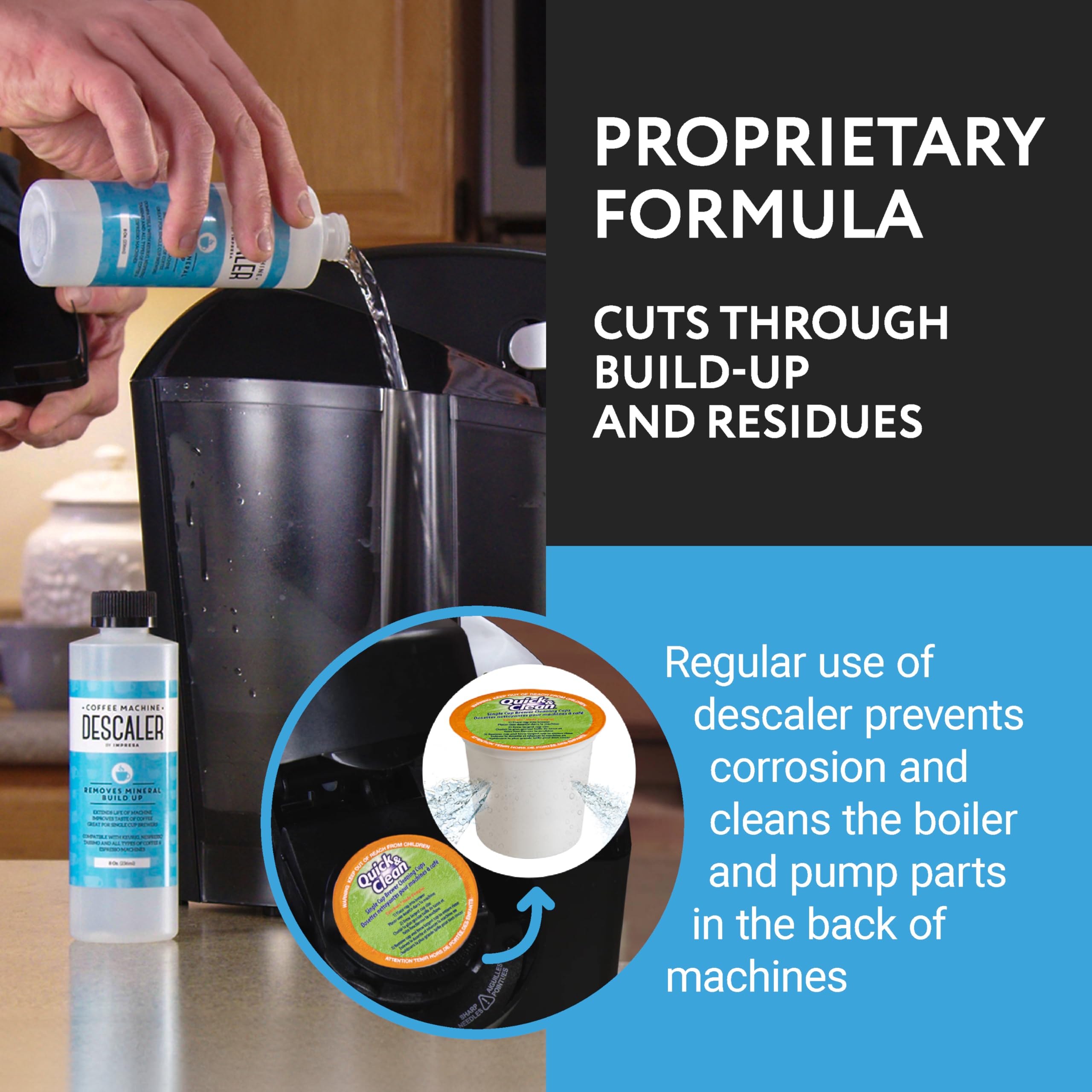 Impresa Descaler Solution And Cleaning Kit Bundle Pack - Includes 1 Bottle Of 8 Oz Coffee Descaler And 4 Cleaning Pods - All-In-