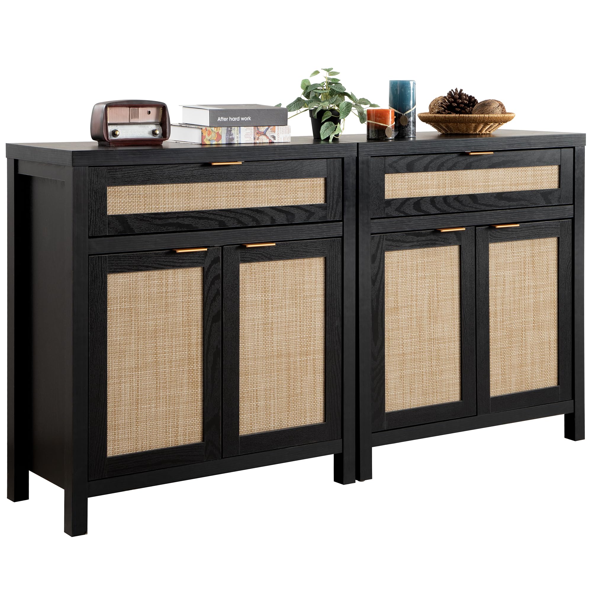 Sicotas Sideboard Buffet Storage Cabinet Set Of 2, Rattan Credenza Buffet Table, Modern Console Accent Cabinet With Doors And Drawer, Coffee Bar Cabinet For Kitchen Entryway Living Room, Black
