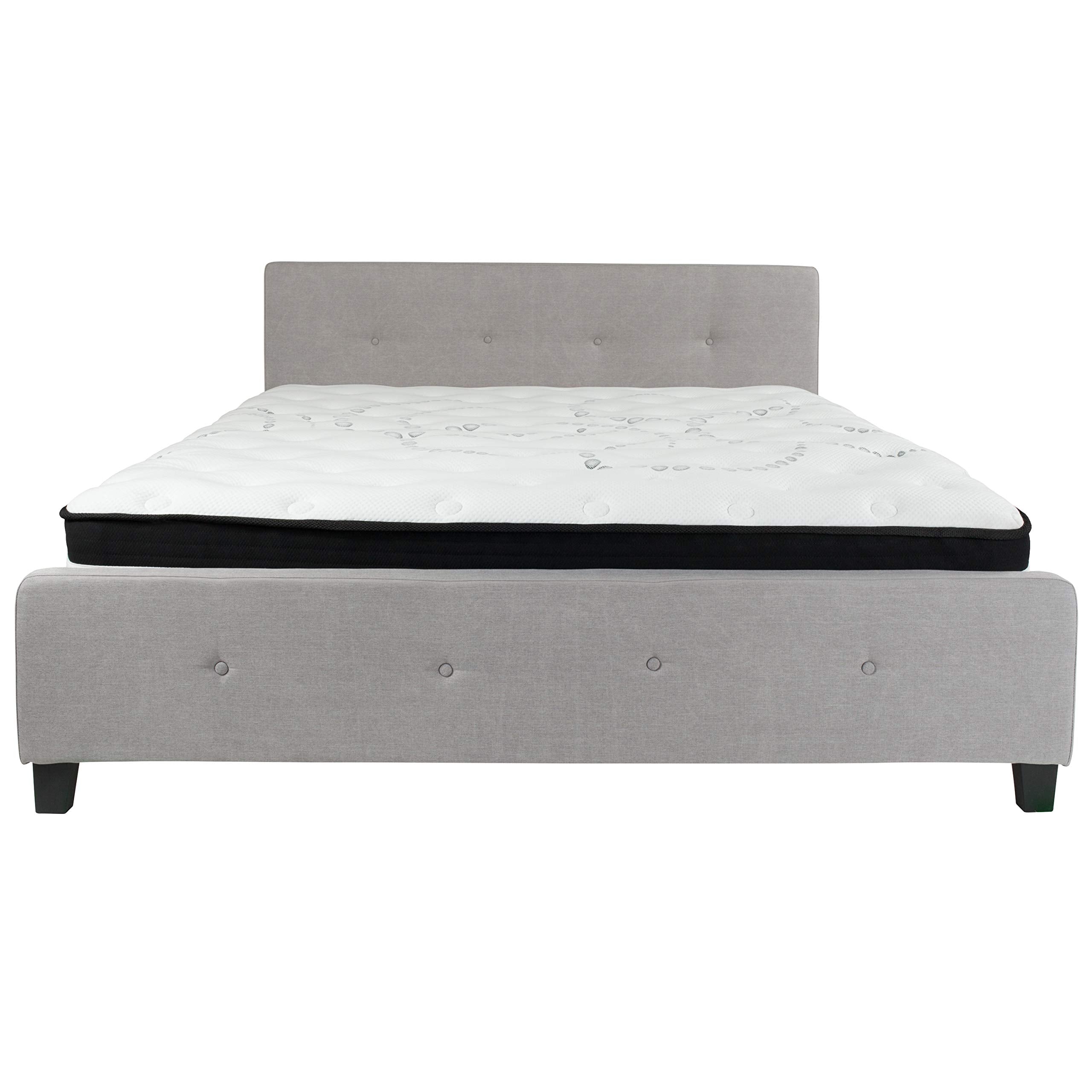 Flash Furniture Tribeca King Size Tufted Upholstered Platform Bed in Light Gray Fabric with Pocket Spring Mattress