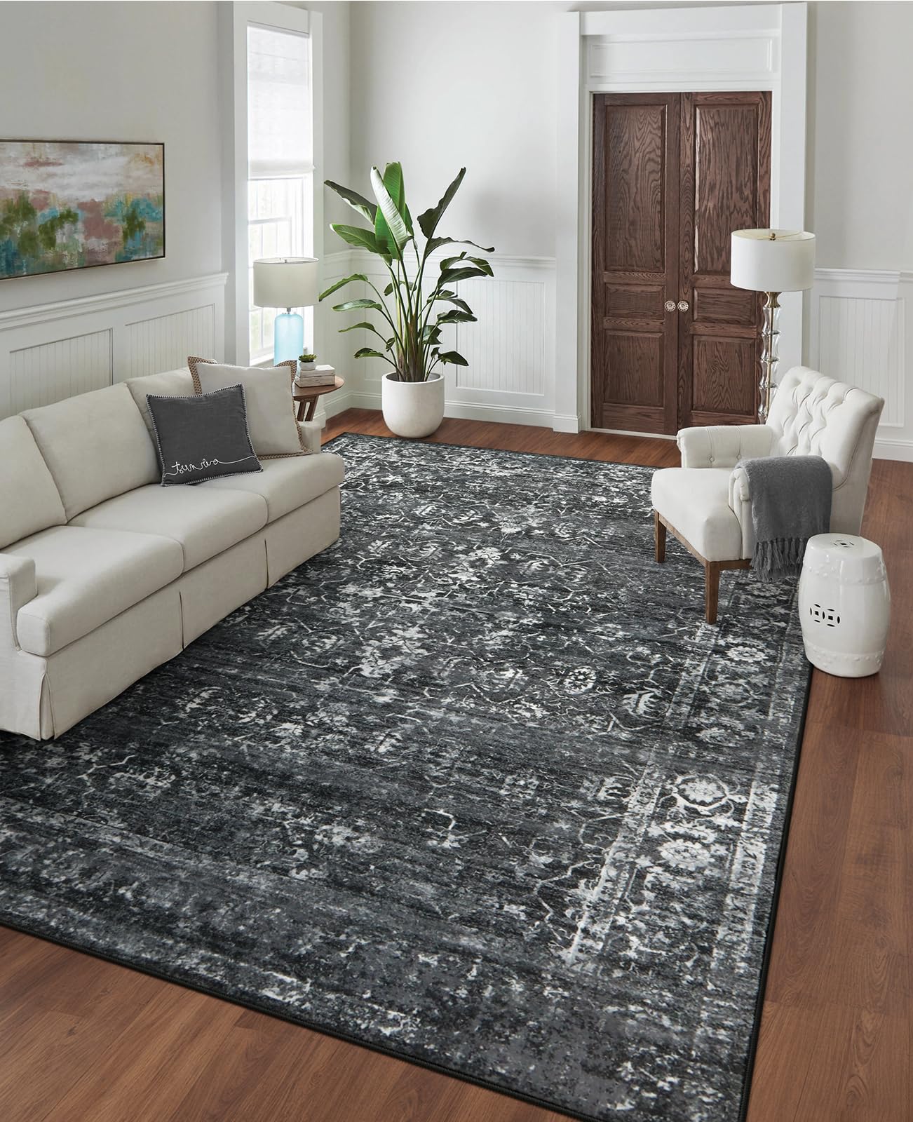 Morebes Vintage Black Living Room Rug, Machine Washable Area Rugs 8x10 for Bedroom, Non-Slip Soft Distressed Floral Extra Large 
