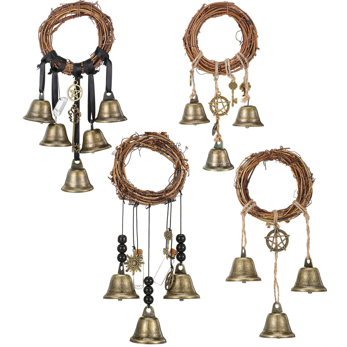 4 Pieces Witch Bells Protection Door Knob Hanger Witch Wind Chime 3.1 Inch Wreath Handmade Door Hanger Witch Bell For Clear Nega