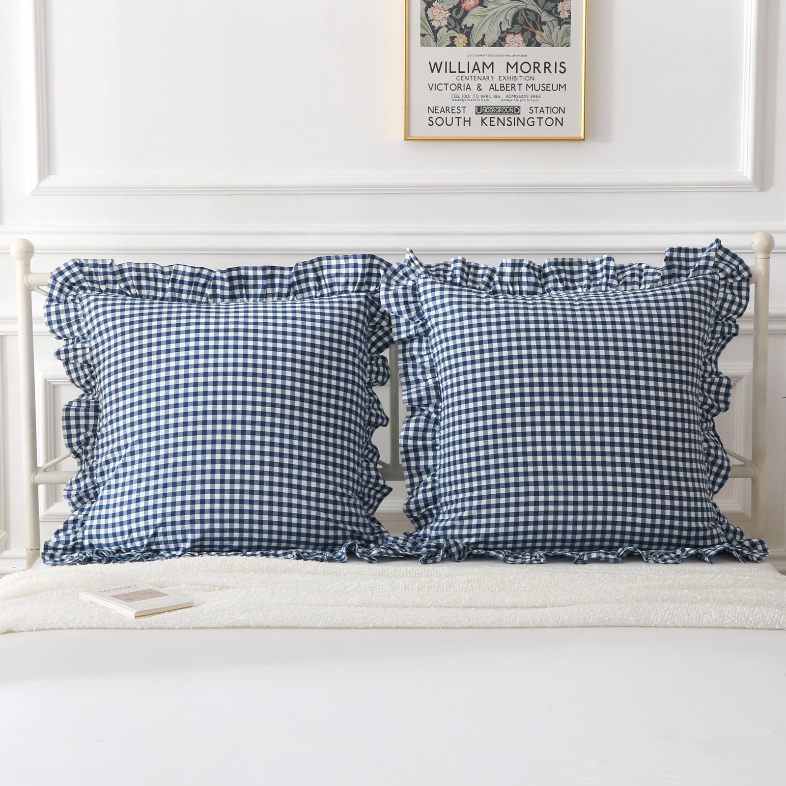 Mywinlle Navy Blue Plaid Ruffle Throw Pillow Covers Pillow Shams 20''X20'',2 Pack Vintage Checkered Decorative Washed Cotton Pil