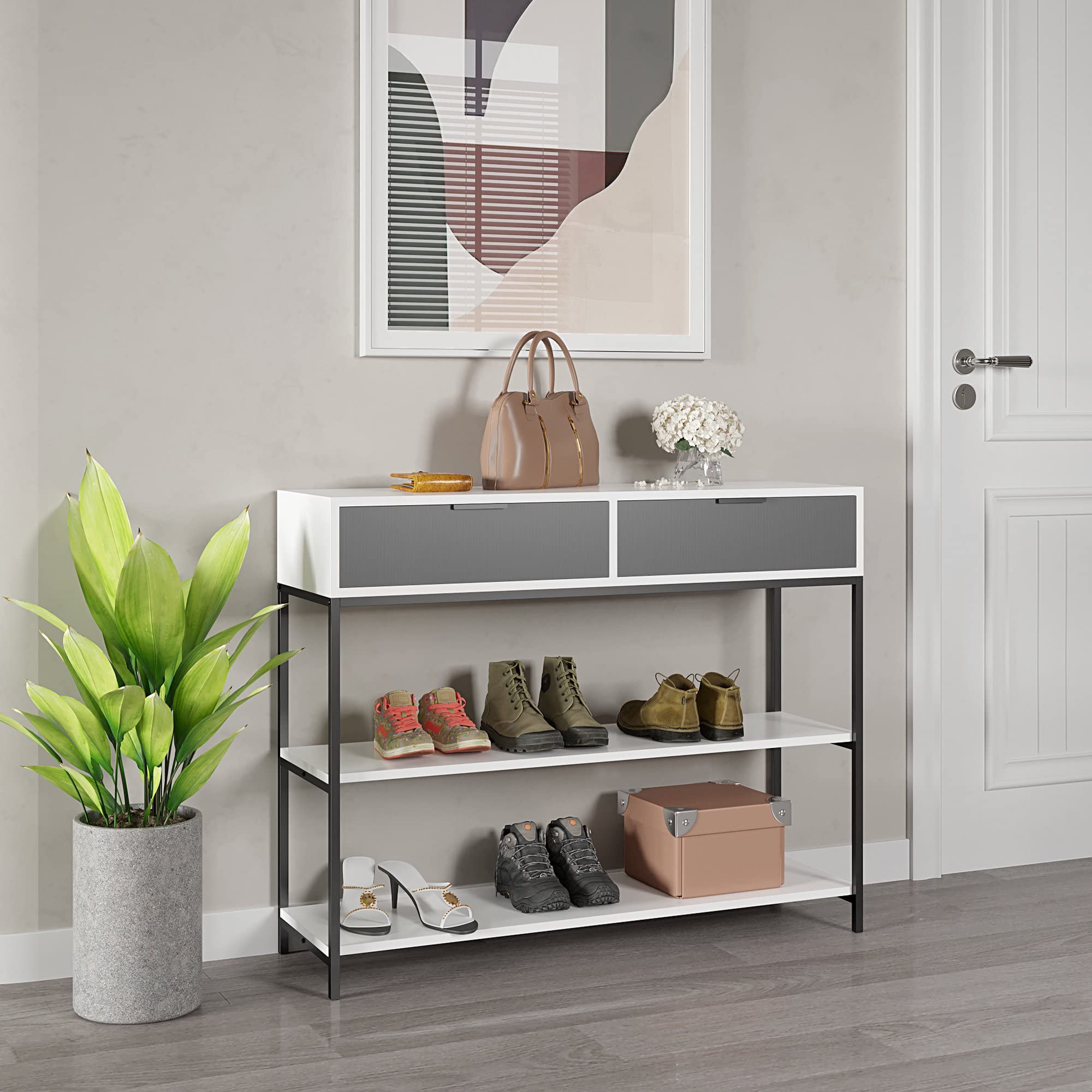 Lilola Home Louie White and Gray Wood Console Table Steel Frame with Shelves and Drawers
