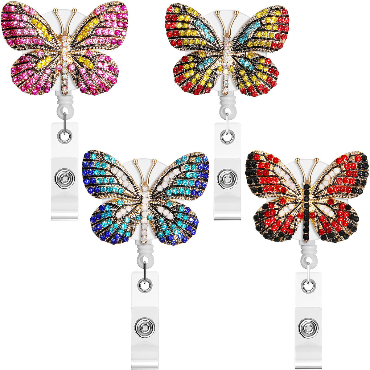 4 Pack Butterfly Badge Clip Butterfly Rhinestone Nurse Badge Reel Retractable Nylon Cord Id Badge Reel Rhinestone Name Tag Holde