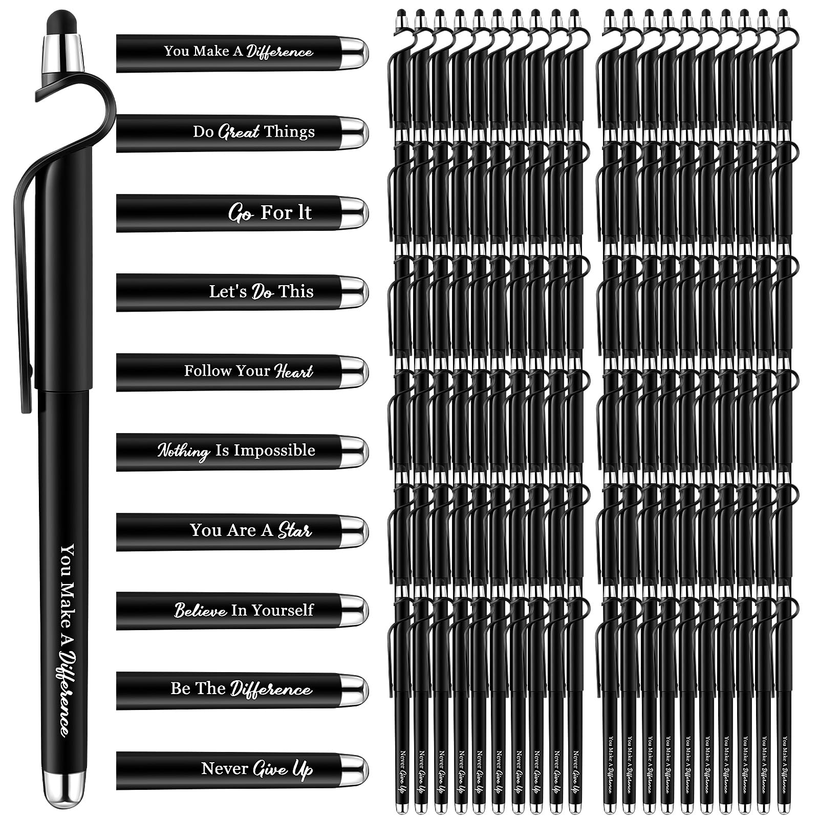 Sayglossy 100 Pcs Inspirational Pens Bulk Black Motivational Ballpoint Pen with Writing Touch Screen and Mobile Phone Stand 3-in