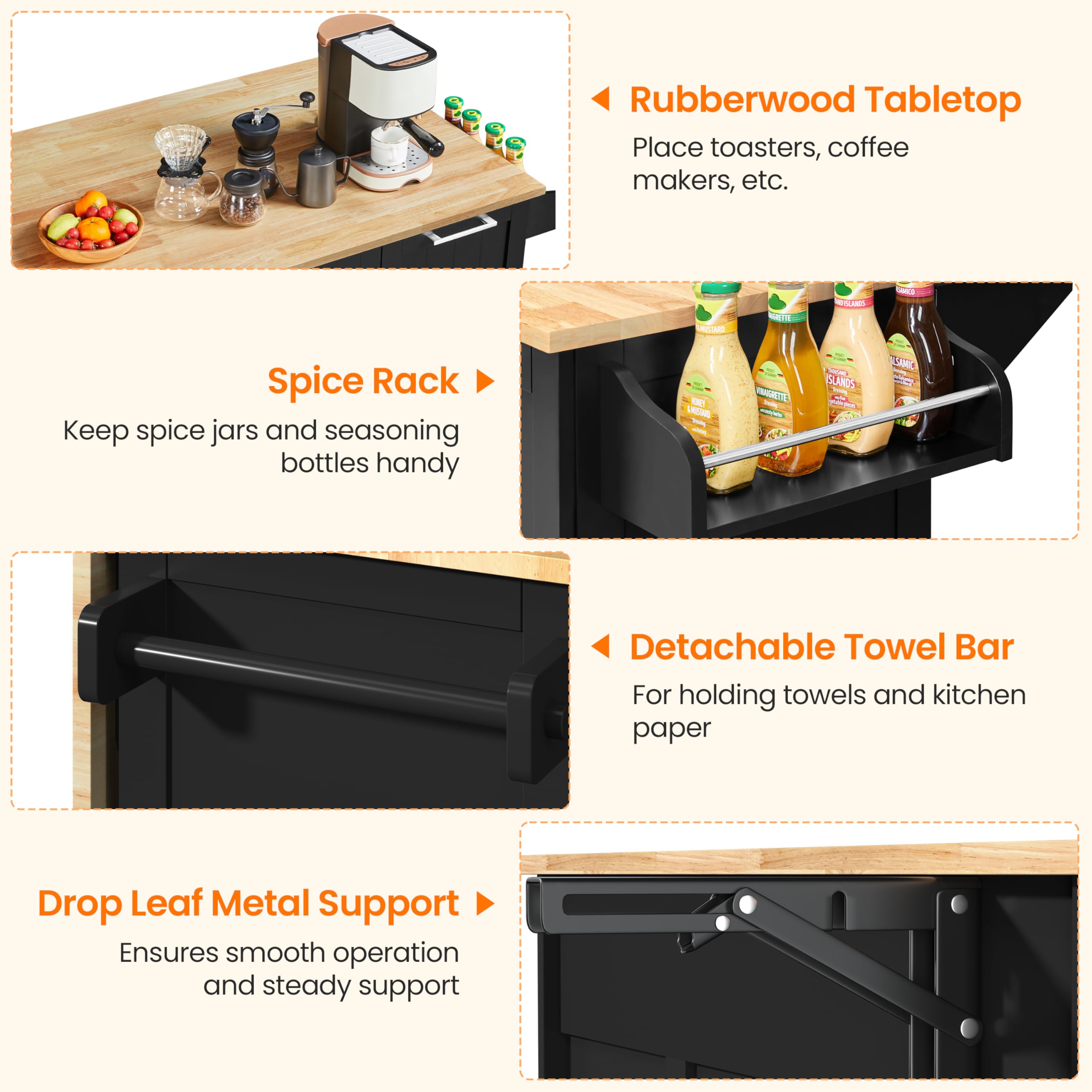 Yaheetech Kitchen Island Cart With Drop-Leaf Countertop, Rolling Kitchen Island Breakfast Bar Table On Wheels With Storage Cabinet & 3 Drawers & Spice Rack For Dinning Room, 49 Inch Width, Black