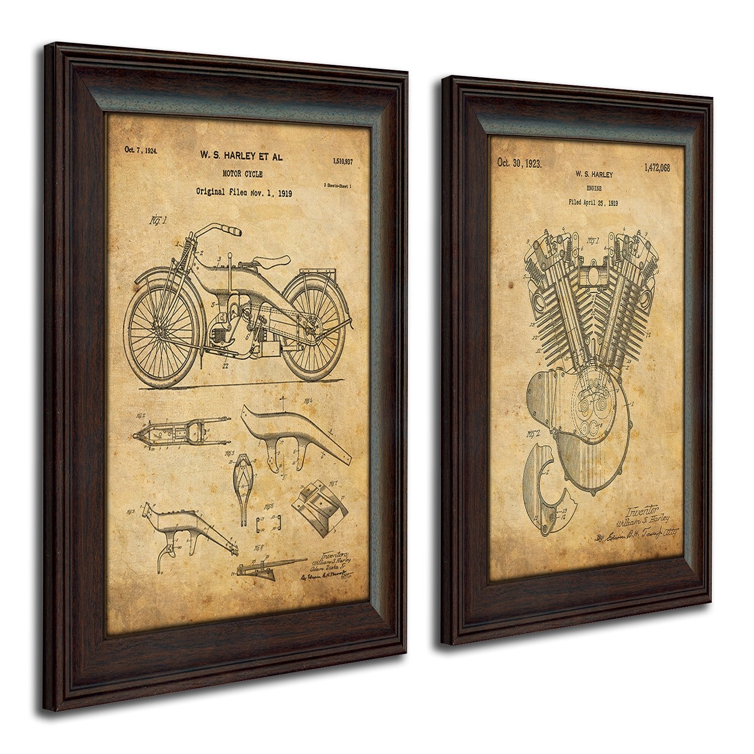 Harley Davidson Patent Prints - Framed Behind Glass 14x17 (Original Engine and Bike - 2pc Set)
