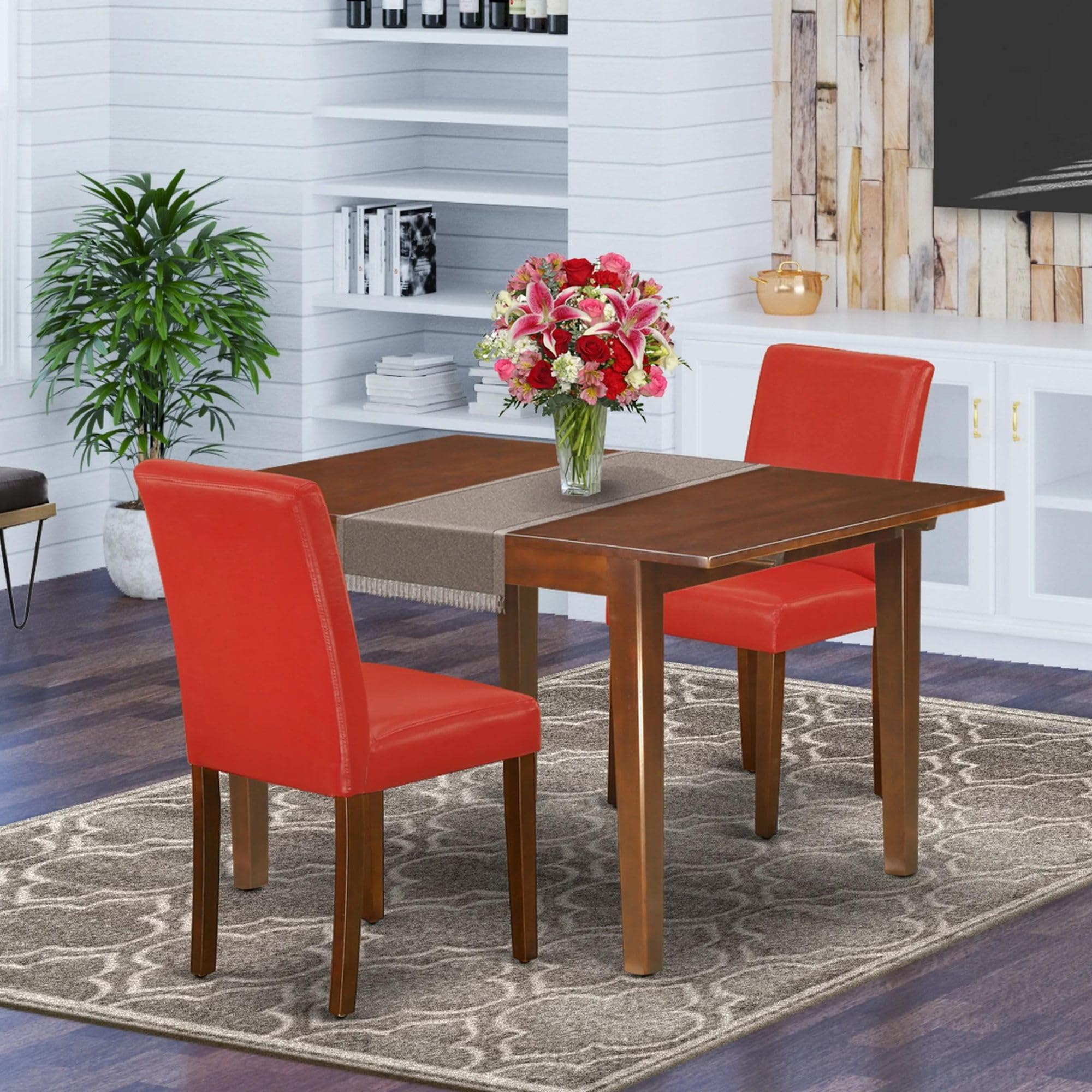East West Furniture Noab3-Mah-72 3 Piece Dining Room Set Contains A Rectangle Wooden Table With Butterfly Leaf And 2 Firebrick Red Faux Leather Parsons Dining Chairs, 32X54 Inch, Mahogany