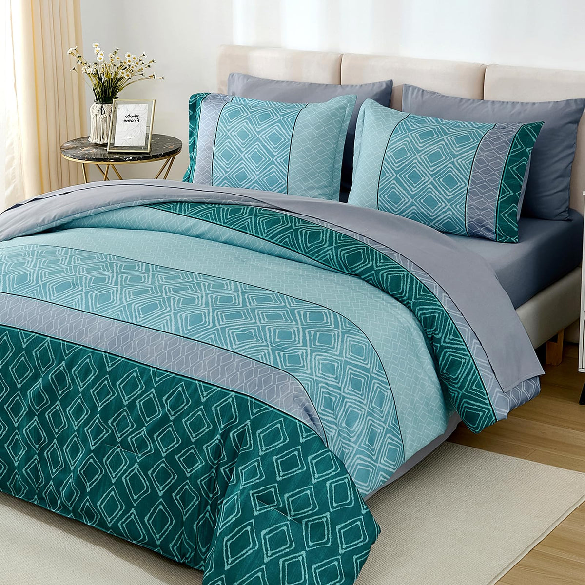 Dinjoy Teal Queen Comforter Set Boho, Striped 7 Piece Bed In A Bag Queen Size Warm Fall Bedding Sets Plaid Comforters Bed Set Wi