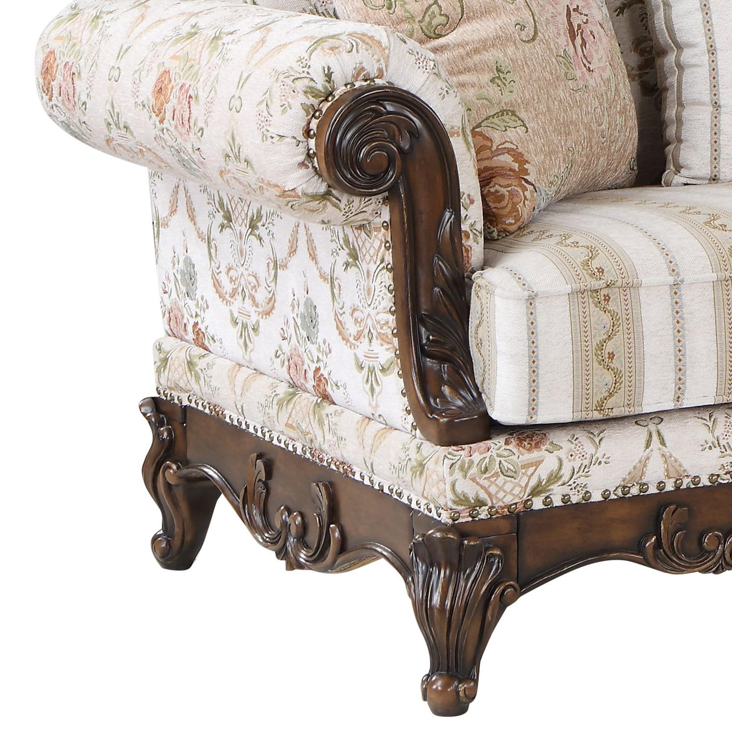 Acme Nayla Fabric Upholstered Rolled Arms Loveseat with 3 Pillows in Walnut