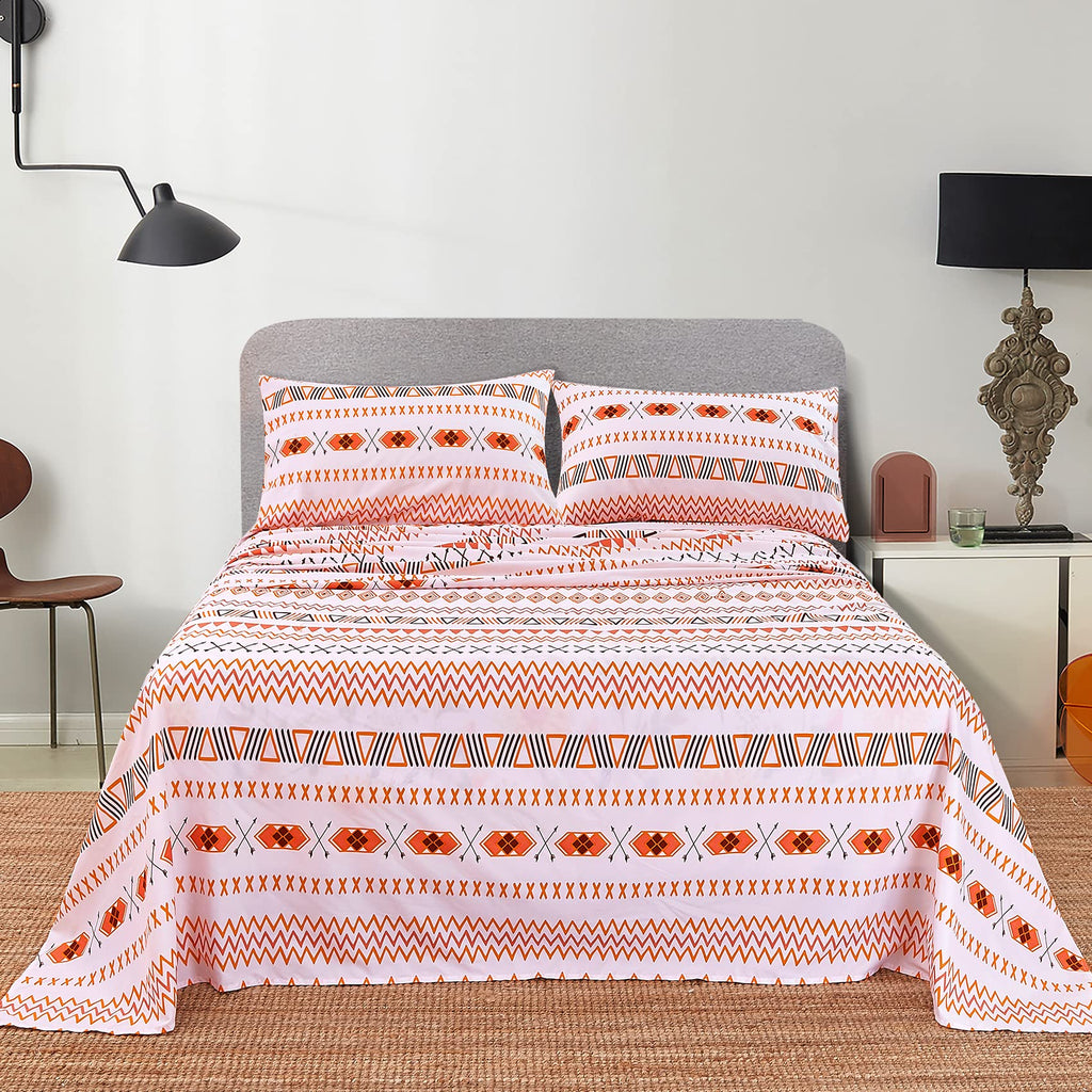Jsd Orange Boho Queen Sheet Set, 4 Piece Soft Geometric Printed Microfiber Sheets Extra Deep Pocket