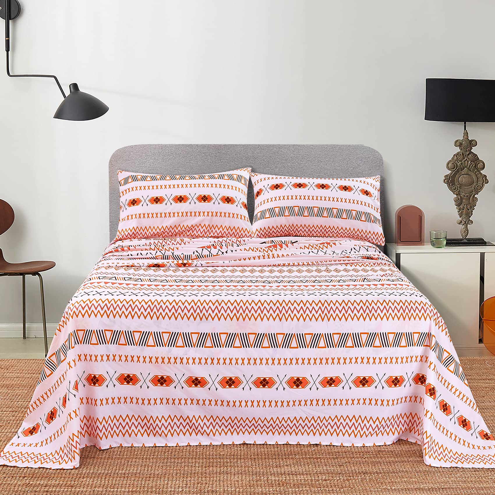 Jsd Orange Boho Queen Sheet Set, 4 Piece Soft Geometric Printed Microfiber Sheets Extra Deep Pocket