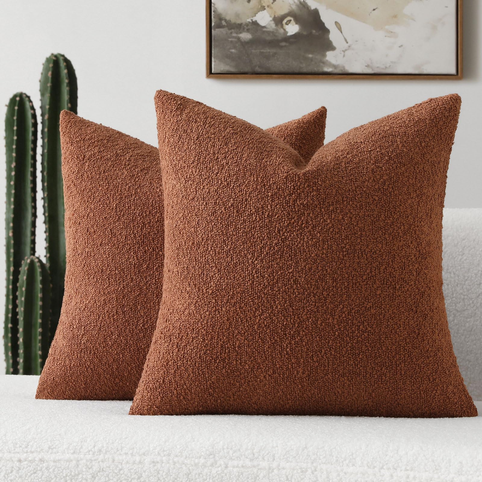 Futei Pack Of 2 Rust Boucle Accent Decorative Throw Pillow Covers,22X22 Inch Soft Solid Textured Cushion Case,Home Decor For Cou