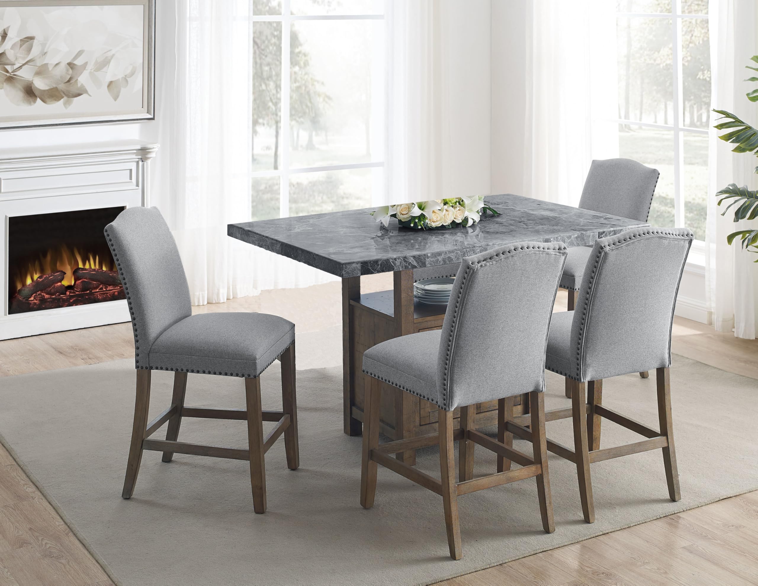 Steve Silver Furniture Grayson Gray Marble Counter Table Set 5pc, Rectangular Gray 860-Inch Marble Table with 4 Upholstered Counter Chairs, with Bottom Storage, 60" L x 40" W x 36" H, Grey