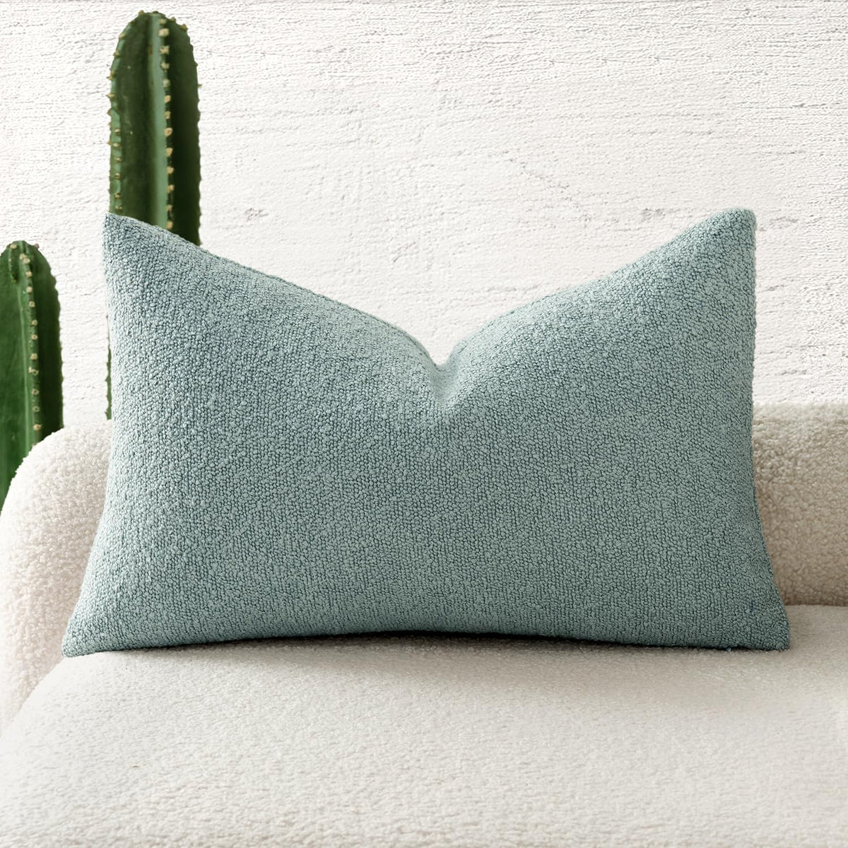 Miulee Textured Boucle Throw Pillow Cover Aqua Blue Accent Solid Lumbar Spring Pillow Case Decorative Soft Pack Of 1 Couch Cushi