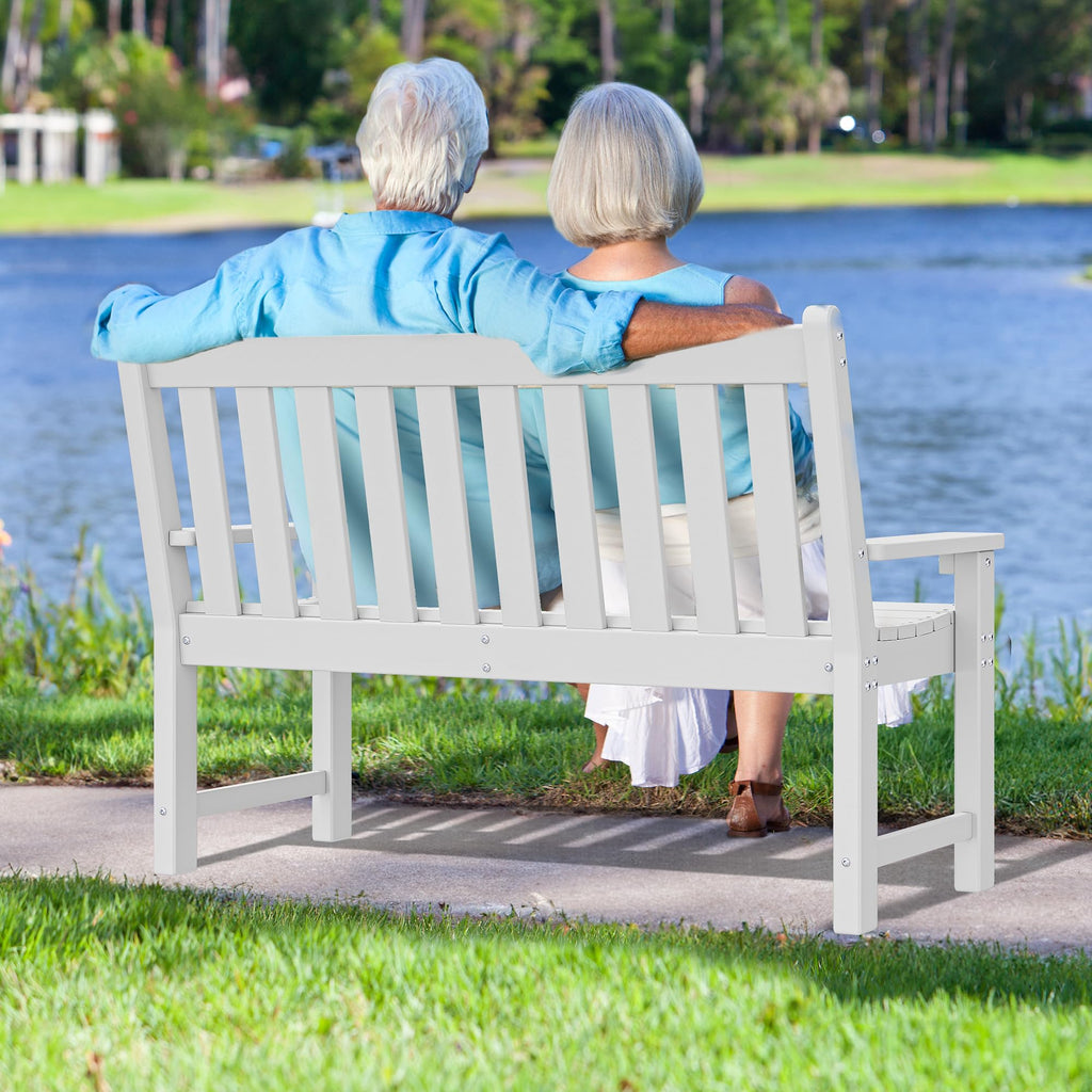 Yitahome Garden Bench, All Weather Outdoor Bench For 2-3 Persons, Fade/Rot Resistant Patio Bench For Park, Porch, Patio & Backyard (White)
