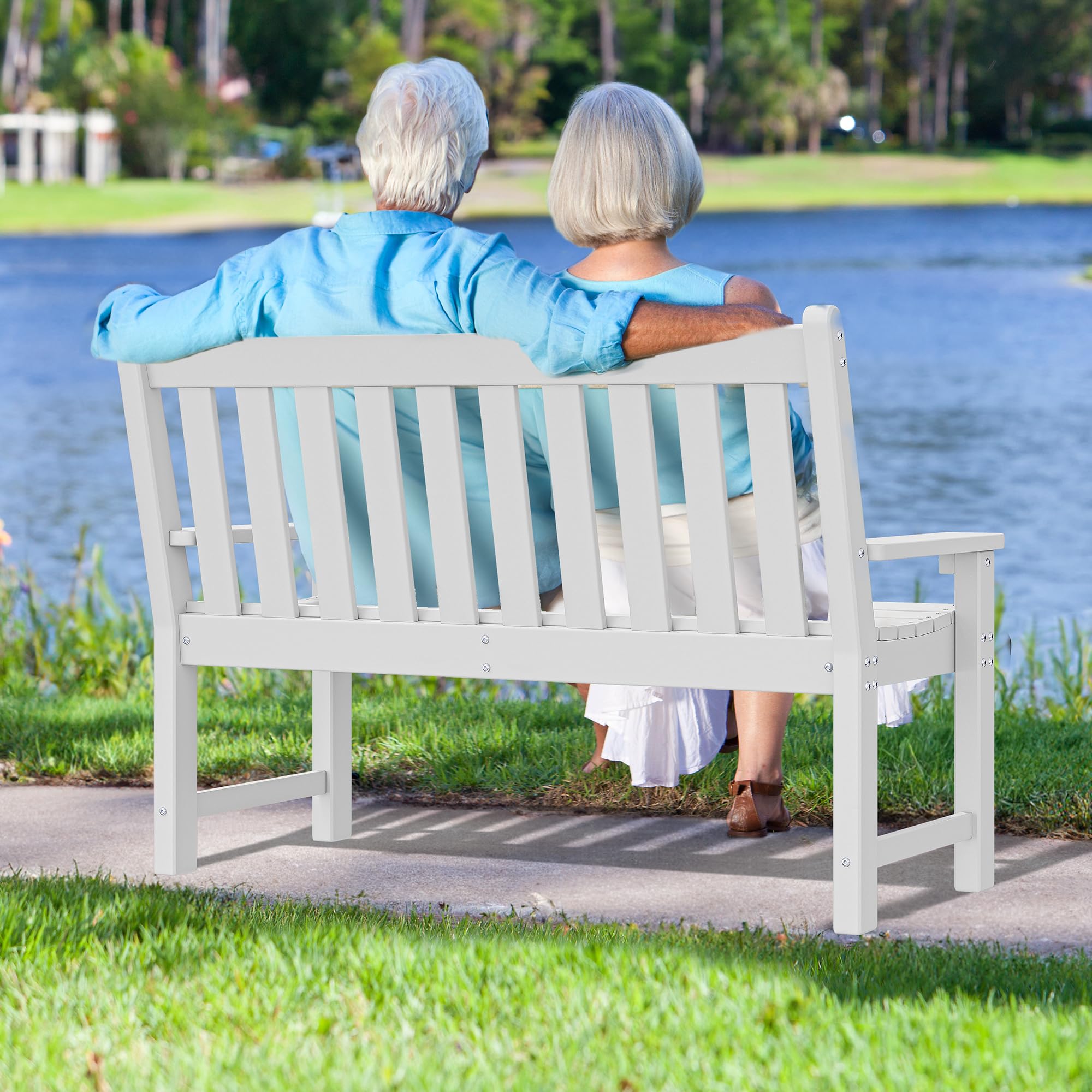 Yitahome Garden Bench, All Weather Outdoor Bench For 2-3 Persons, Fade/Rot Resistant Patio Bench For Park, Porch, Patio & Backyard (White)