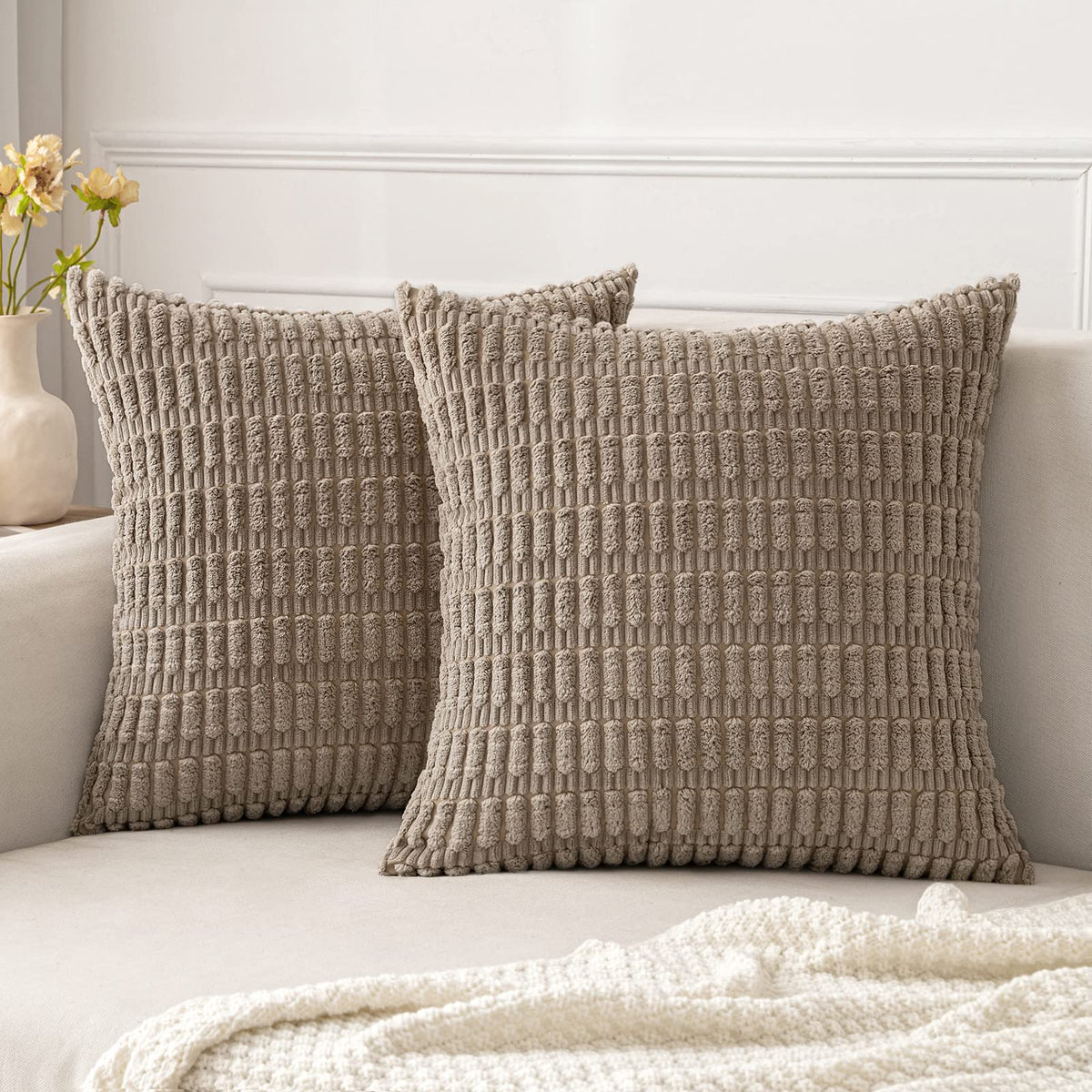 Miulee Pack Of 2 Corduroy Decorative Throw Pillow Covers 12X12 Inch Soft Boho Striped Pillow Covers Modern Farmhouse Home Decor