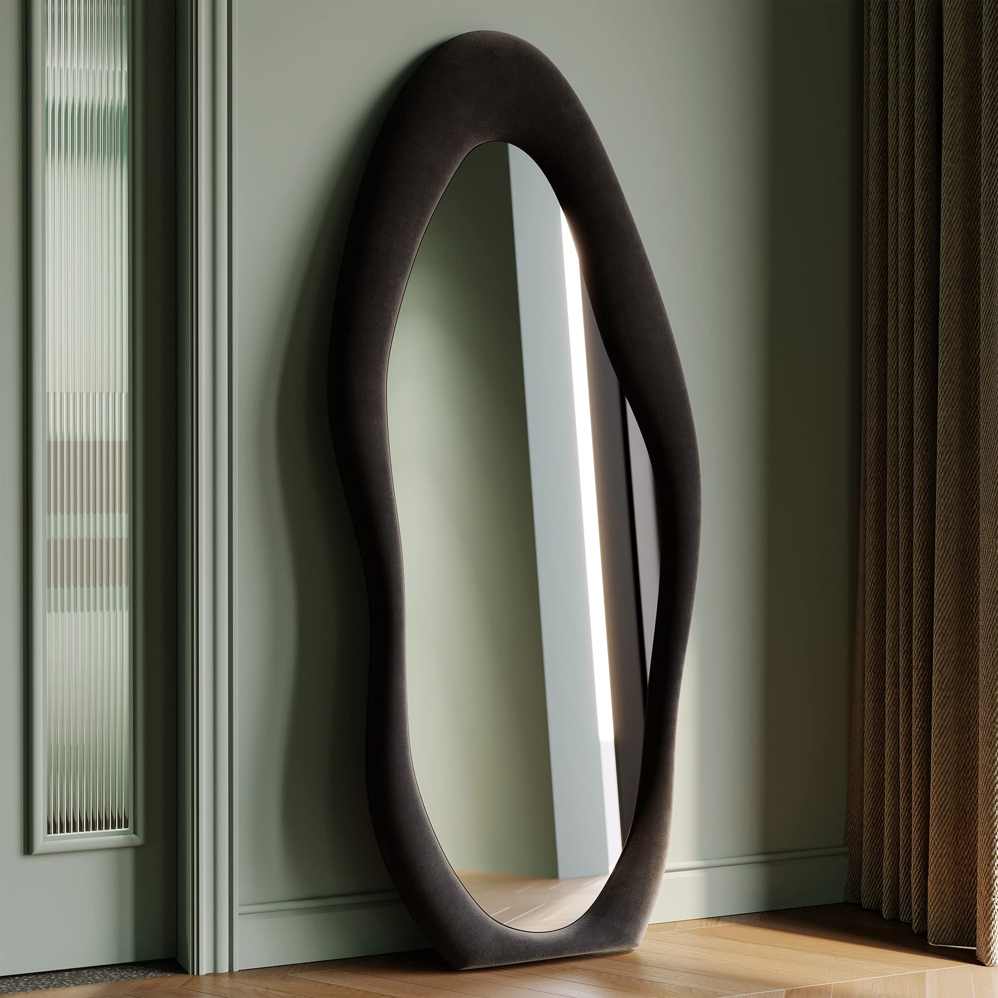 Honyee Full Length Mirror, 63'' x 24'' Wall Mirror, Flannel Wrapped Wooden Frame Floor Mirror, Irregular Wavy Mirror Hanging or 