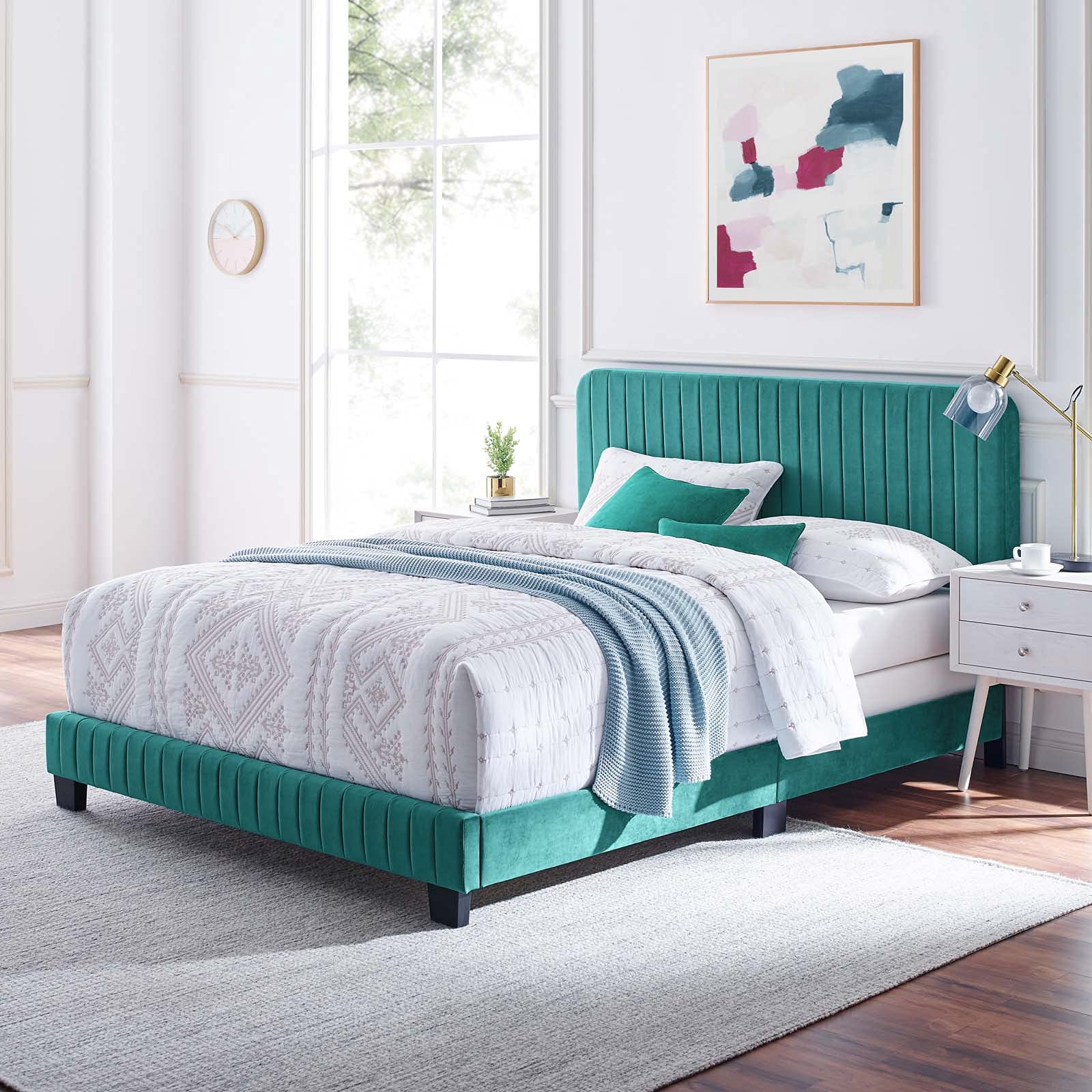 Modway Celine Channel Tufted Performance Velvet Full Bed in Teal