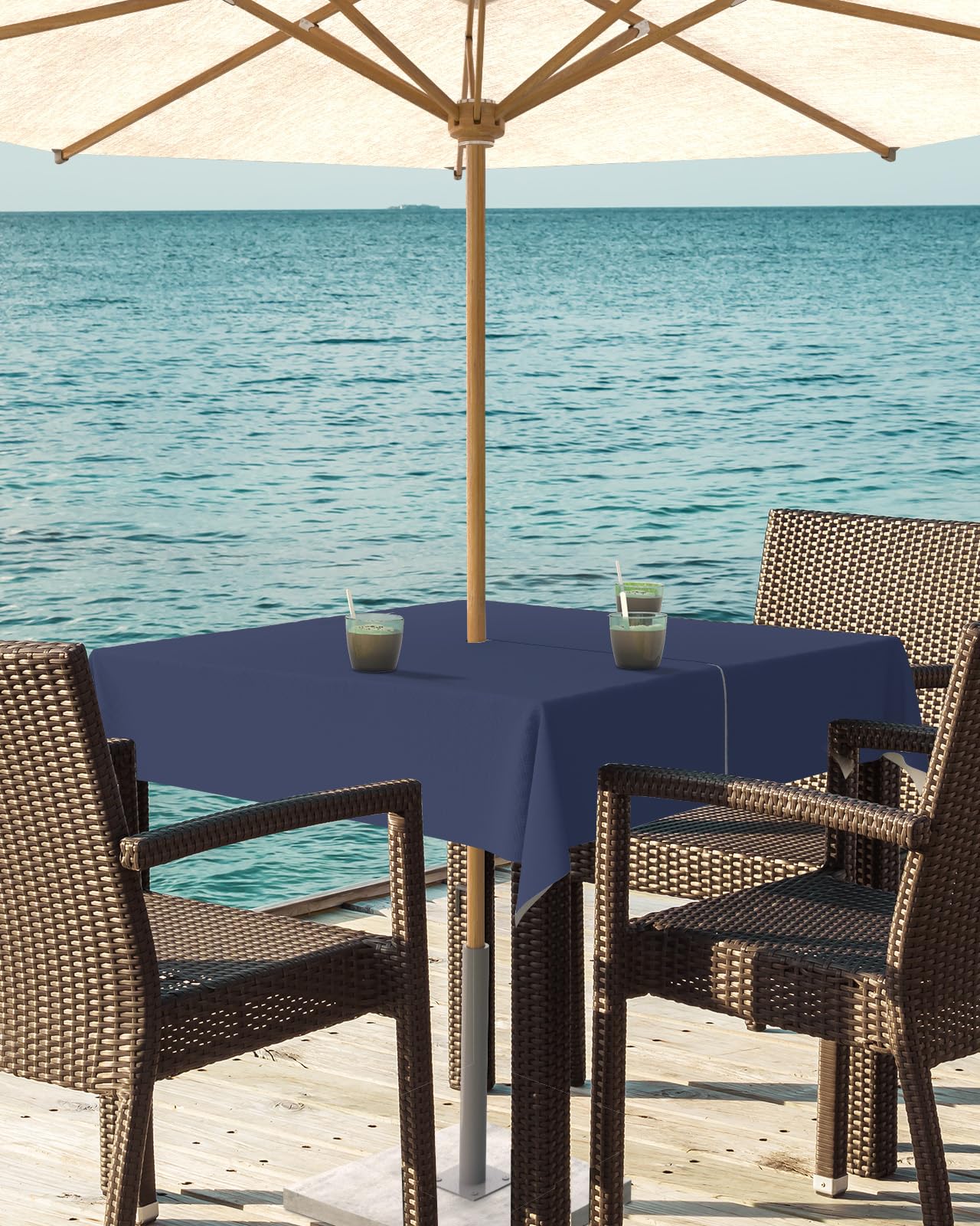 Queenker Navy Blue Outdoor Tablecloth With Umbrella Hole And Zipper, Solid Color Table Cover For Square Tables Waterproof Tablet