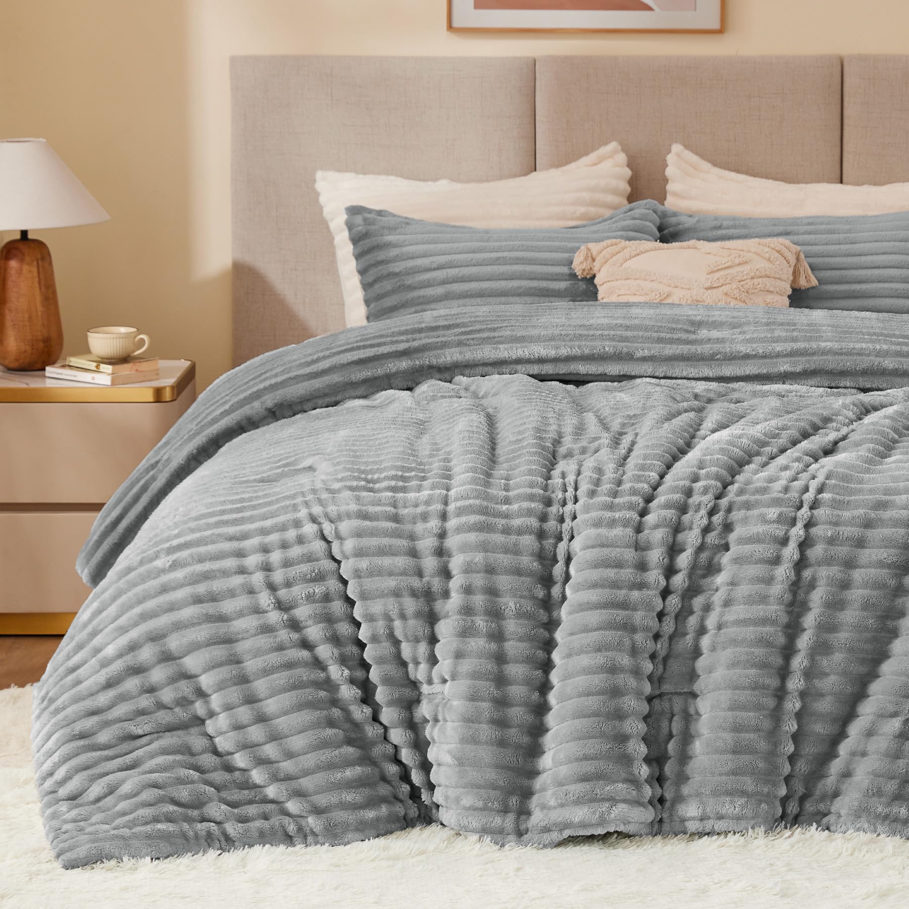 Bedelite Fleece California King Comforter Set -Super Soft & Warm Fluffy Grey Bedding, Luxury Fuzzy Heavy Bed Set For Winter With