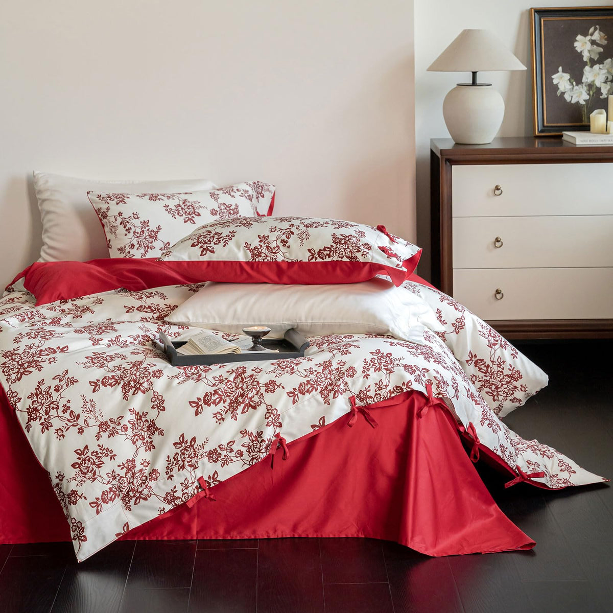 Mixinni 100% Extra-Long Staple Cotton Sateen Vivid Red Floral Printed On White Duvet Cover King Size, 3 Piece Premium Egyptian C
