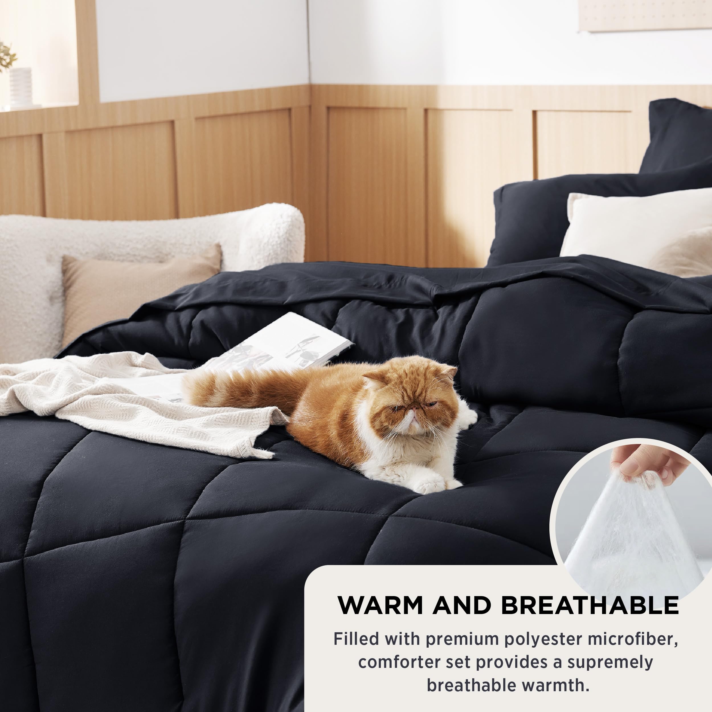 Bedsure Black Comforter Set Queen - 7 Pieces Solid Bed In A Bag, Queen Bed Set With Comforter, Sheets, Pillowcases & Shams