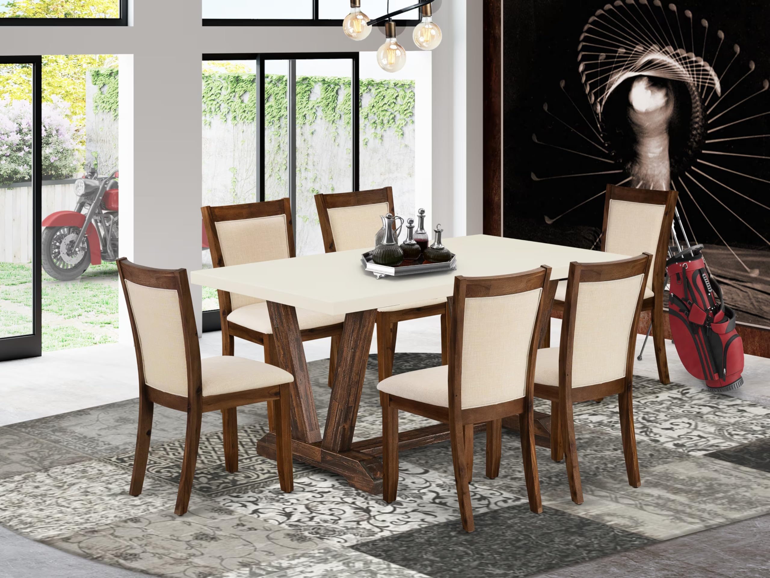 East West Furniture V726Mzn32-7 7 Piece Modern Dining Table Set Consist Of A Rectangle Wooden Table With V-Legs And 6 Light Beige Linen Fabric Parsons Dining Chairs, 36X60 Inch, Multi-Color