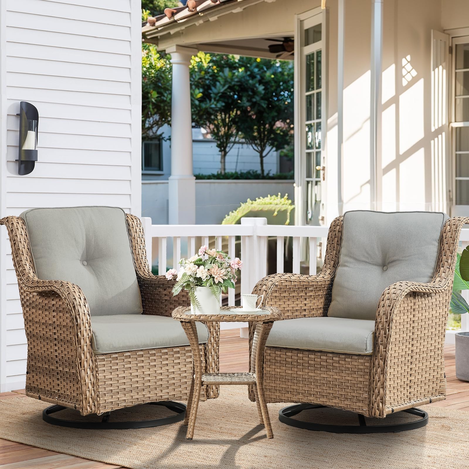 Hummuh 3-Piece Swivel Rocking Rattan Chair Outdoor, Patio Bistro Furniture Conversation Set, Cushioned Wicker Chair With Glass Coffee Table(Yellow,Beige)