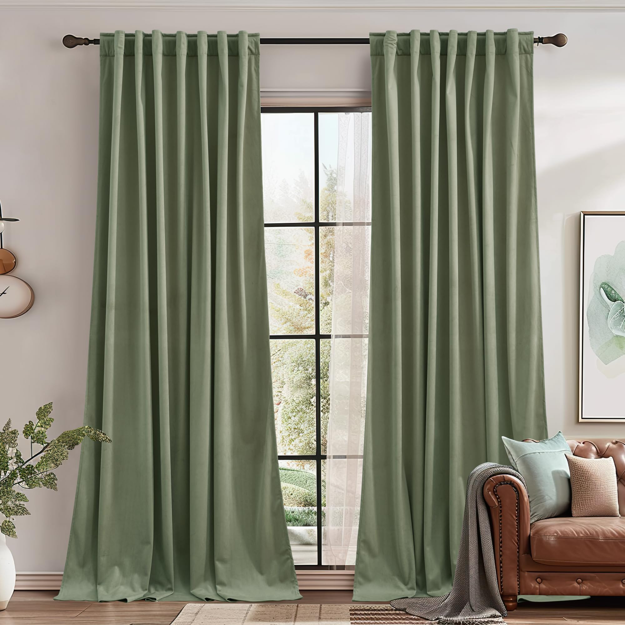 Stangh 90 Inch Length Sage Green Velvet Curtains Holiday Backdrops For Party, Set Of 2, Heavy Thick Bedroom Drapes Room Darkenin