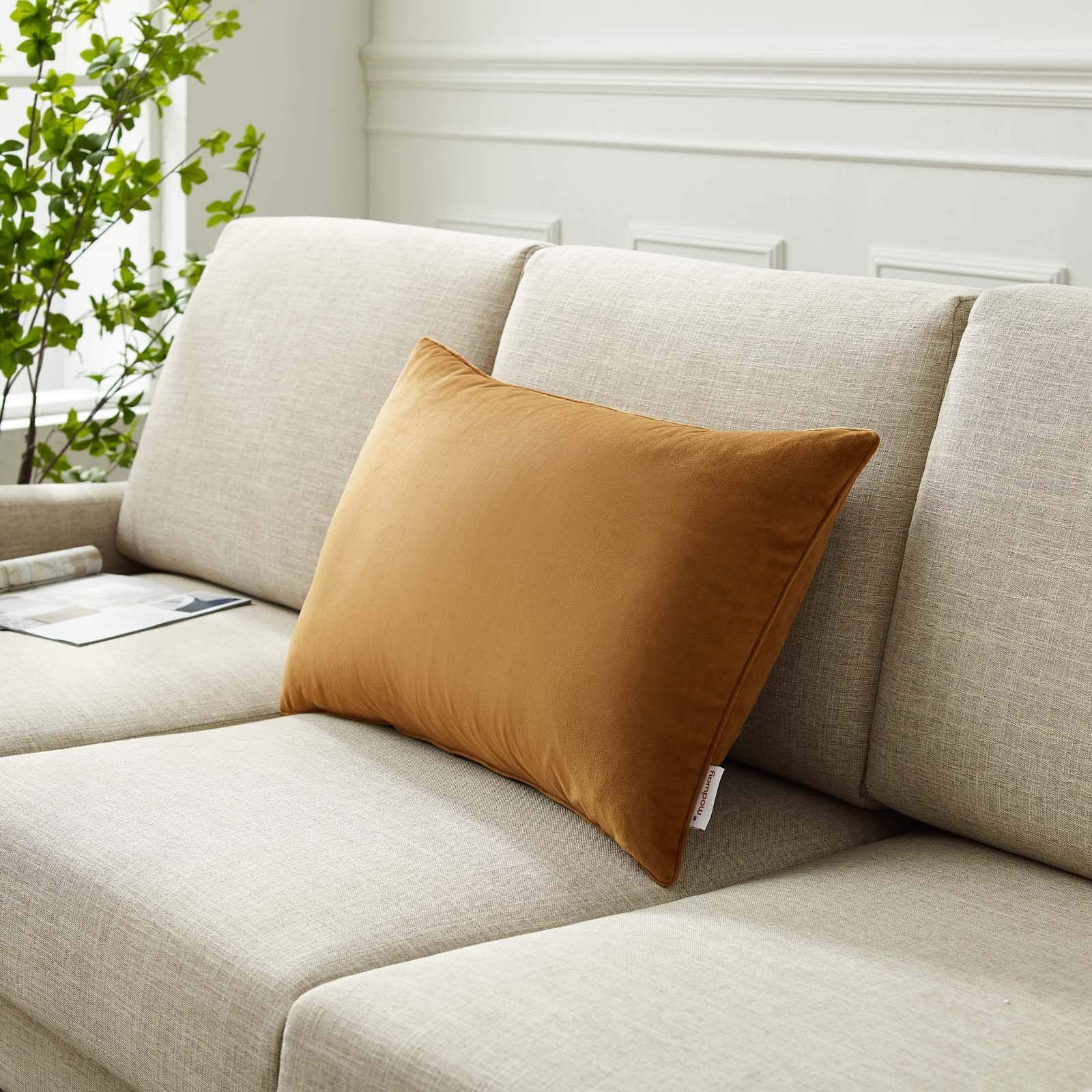 Modway Enhance Lumbar Performance Velvet Accent Throw Pillow, 16" X 24", Cognac