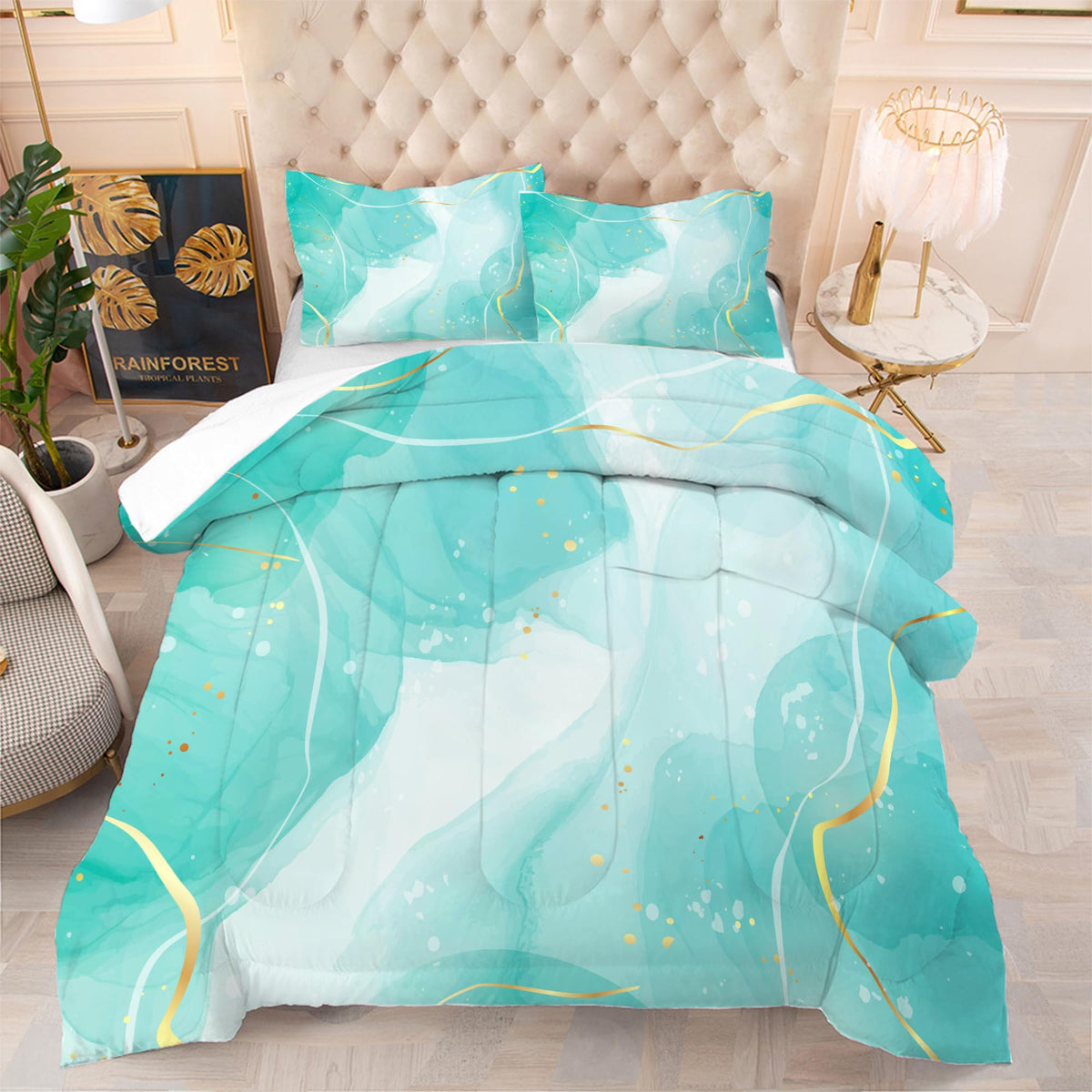 Edgzko Teal Comforter Set Full: Blue Green Marble Bedding Sets For Teen Girls Kids Aqua Teal And Gold Abstract Marbling Quilts M