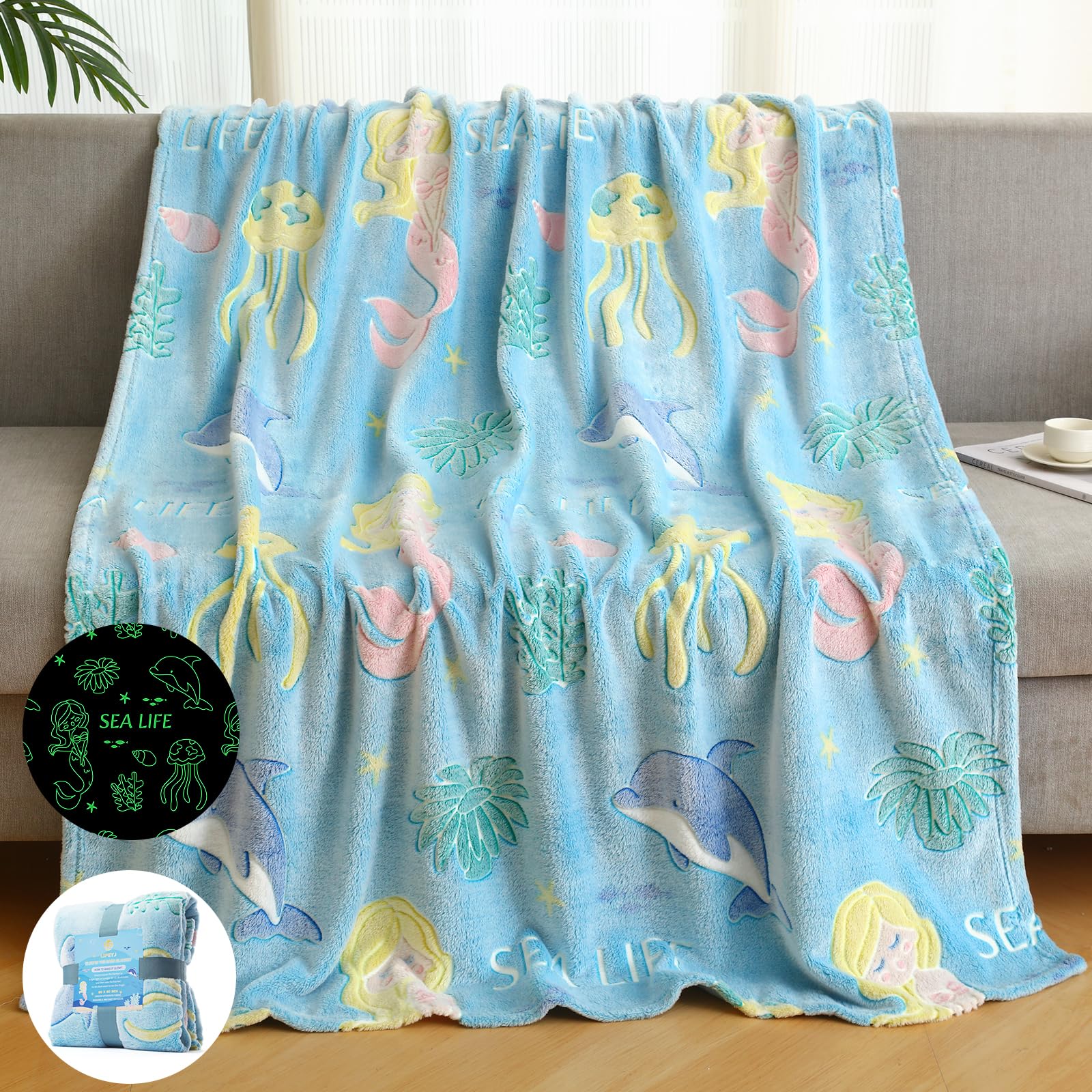 Lifeyj Glow In The Dark Blanket Mermaid Whale Gifts For Girls, Soft Marine Life Blanket 3 4 5 6 7 8 9 10 Year Old Girl Gifts, To